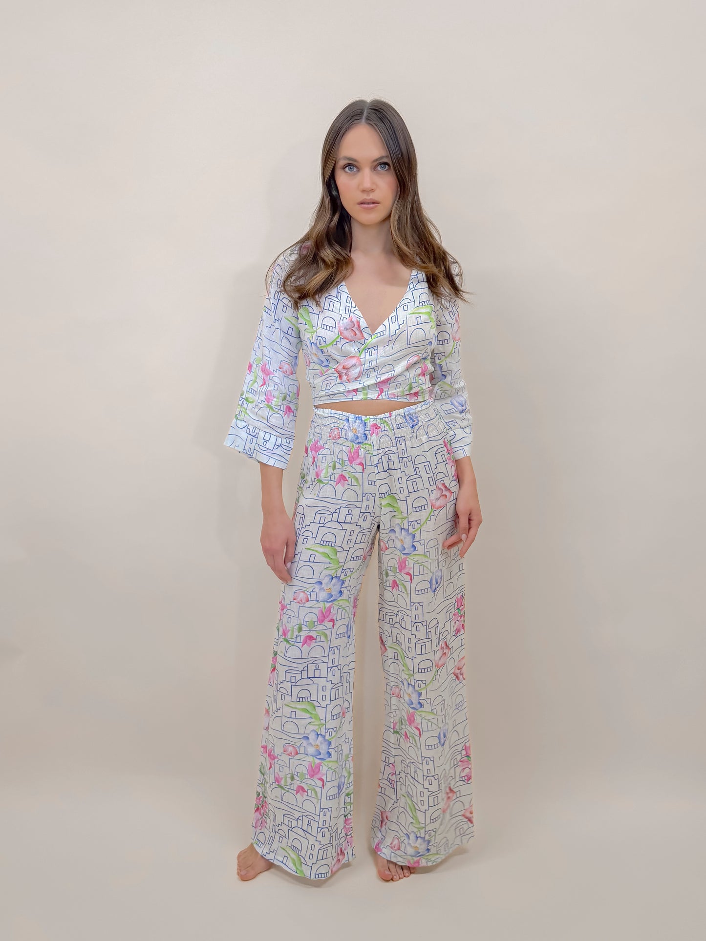 SET PANTALONE E BOLERO STAMPA POSITANO, LINO MODA MARE POSITANO MADE IN ITALY
