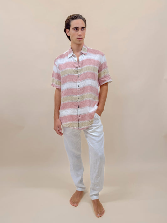 CAMICIA MEZZA MANICA IN LINO GREZZO EFFETTO STRAMATO