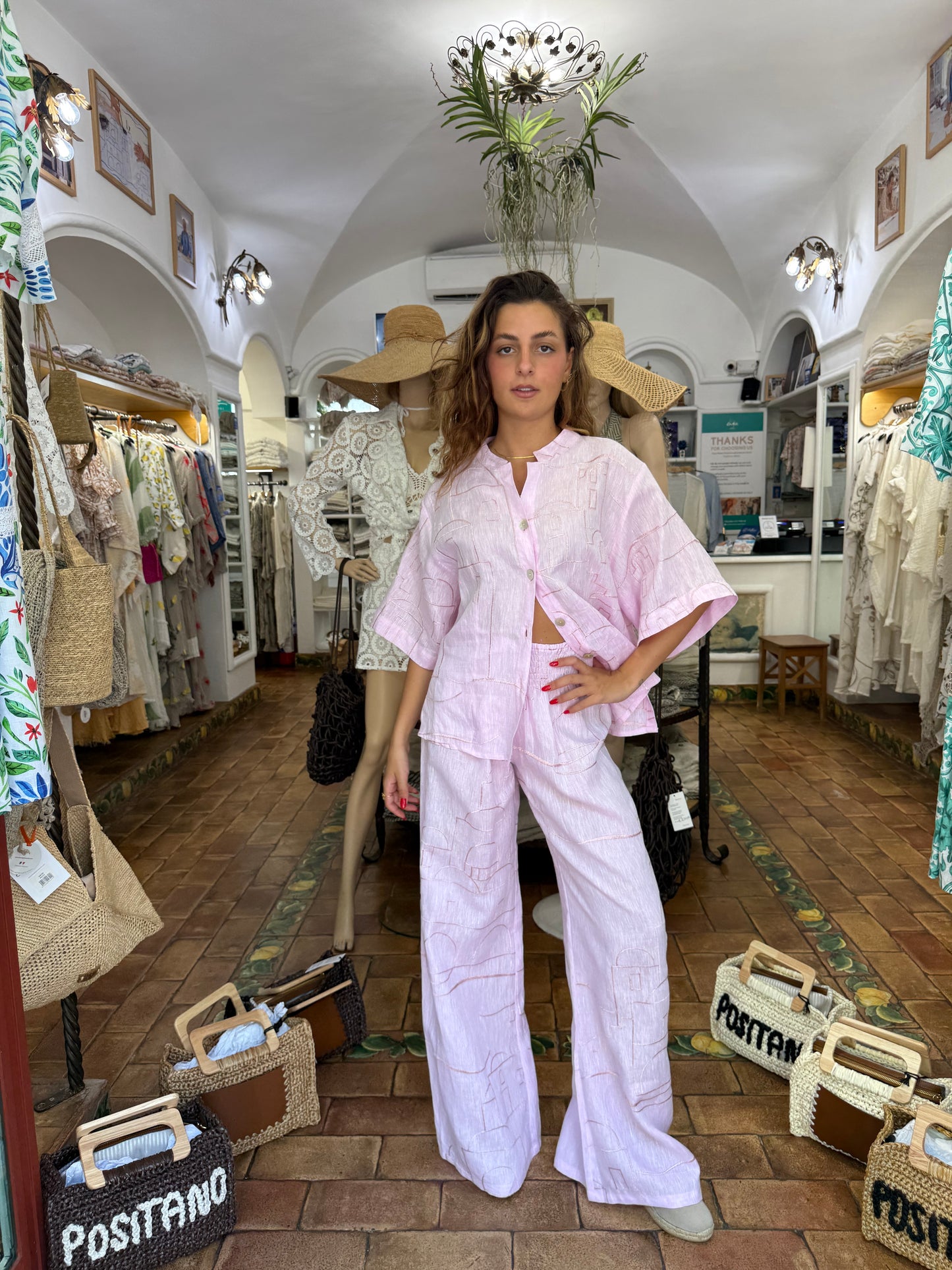 COMPLETO IN LINO RICAMATO MODA MARE POSITANO MADE IN ITALY