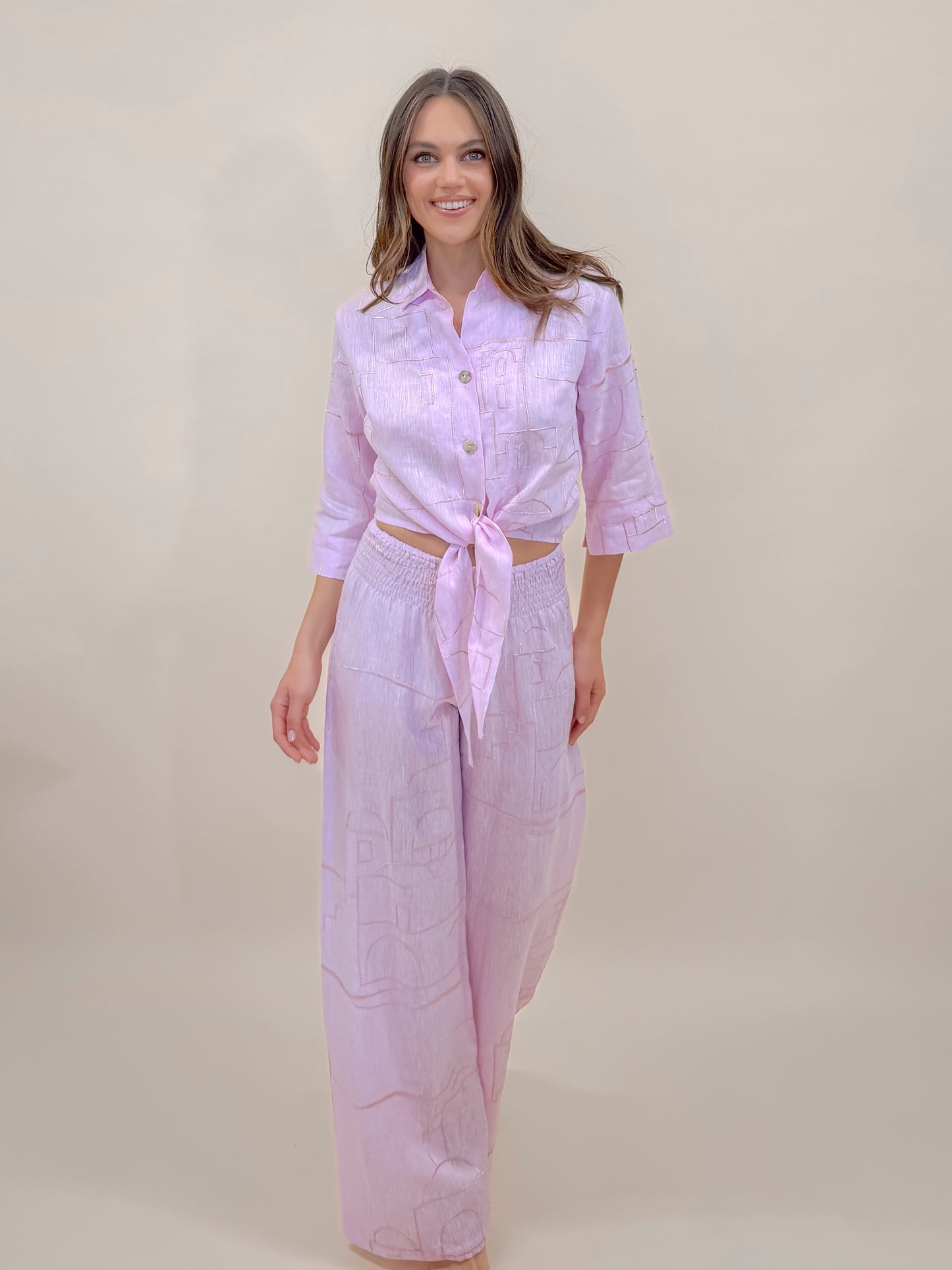 SET PANTALONE E CAMICIA SOFIA IN PURO LINO CON RICAMO POSA POSA