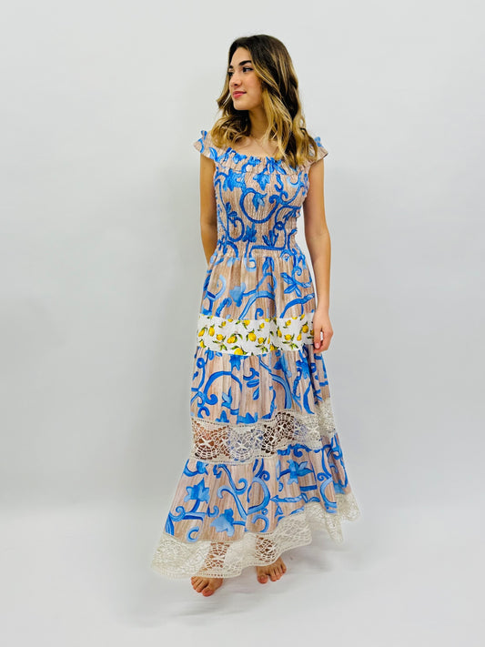 DRESS PAULINE LINEN PRINTED AND LACE blue