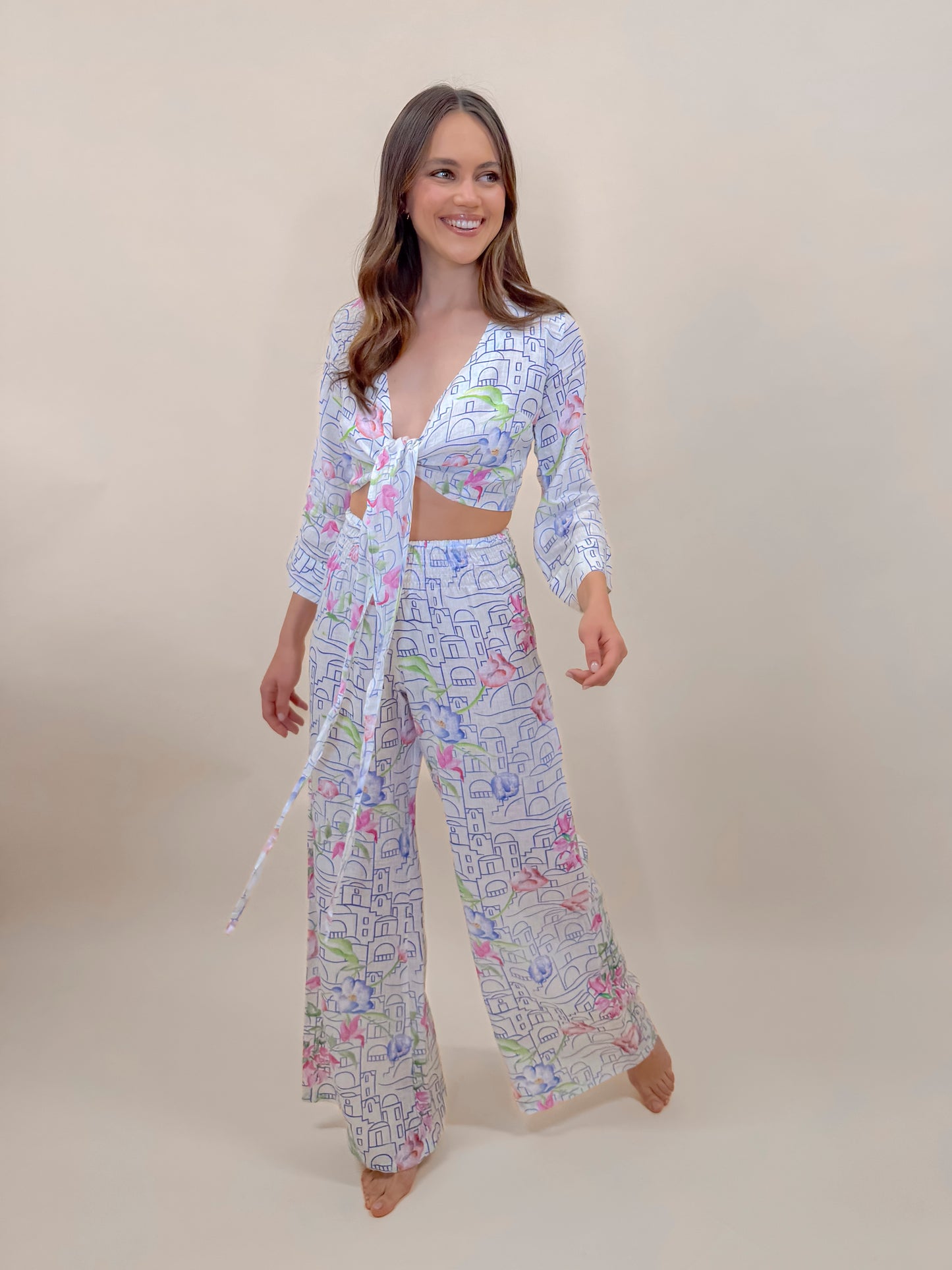 SET PANTALONE E BOLERO STAMPA POSITANO, LINO MODA MARE POSITANO MADE IN ITALY