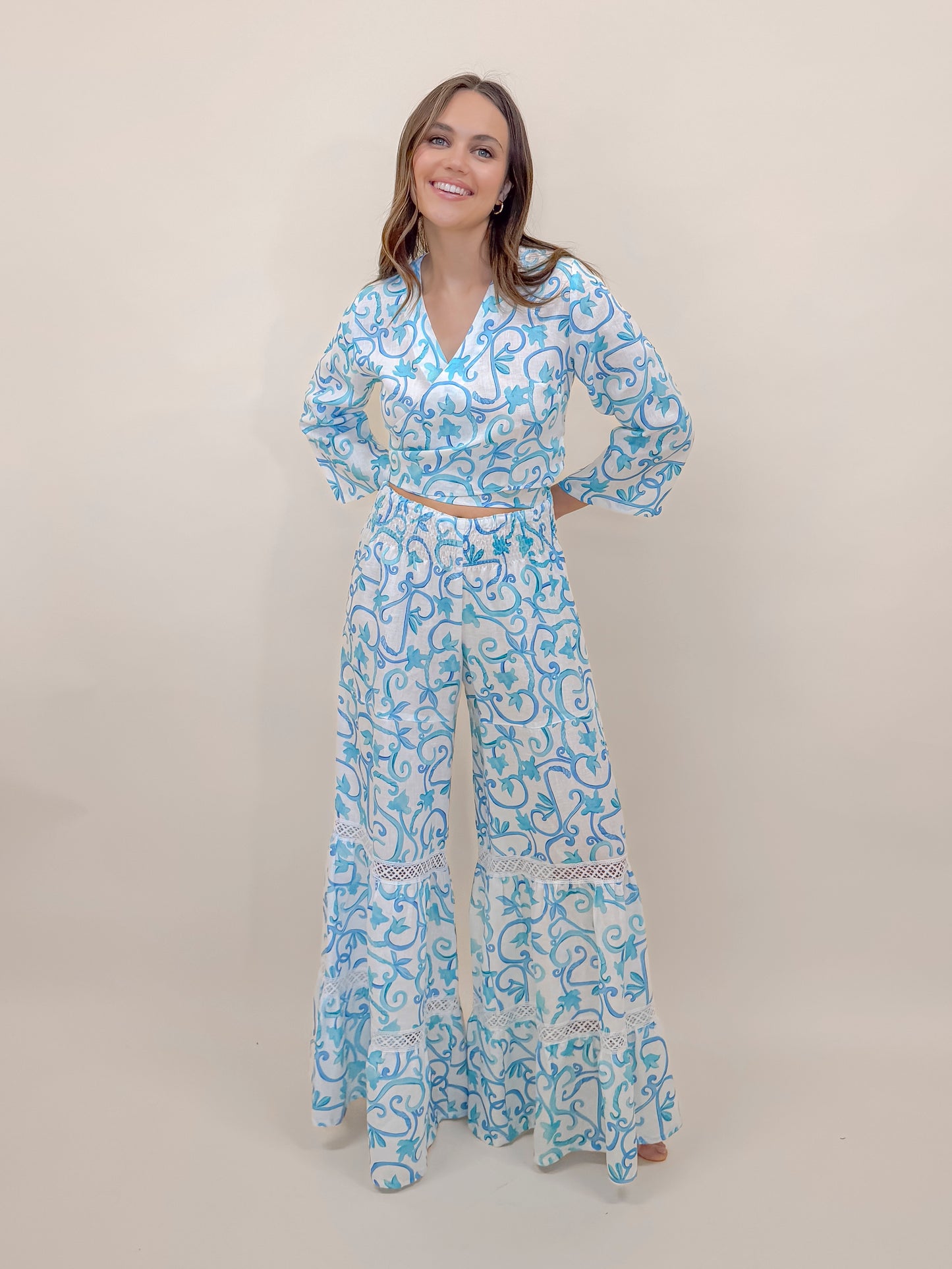 SET PANTALONE A BALZE  E BOLERO STAMPA RINGHIERA , LINO MODA MARE POSITANO MADE IN ITALY