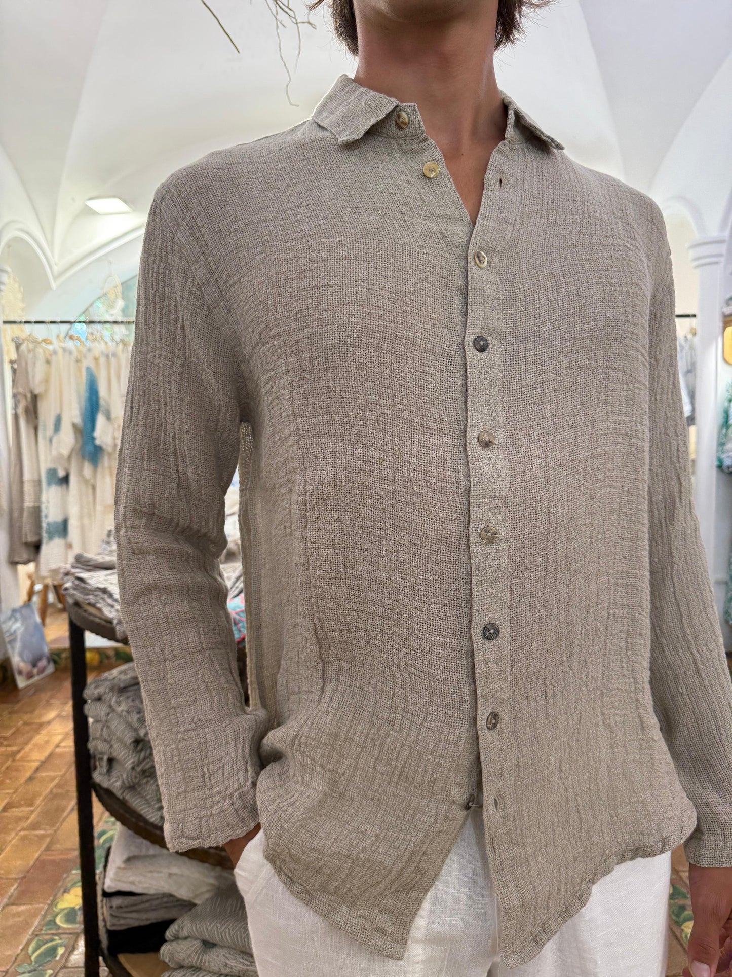 CAMICIA IN LINO RETE ÉCRU MADE IN ITALY