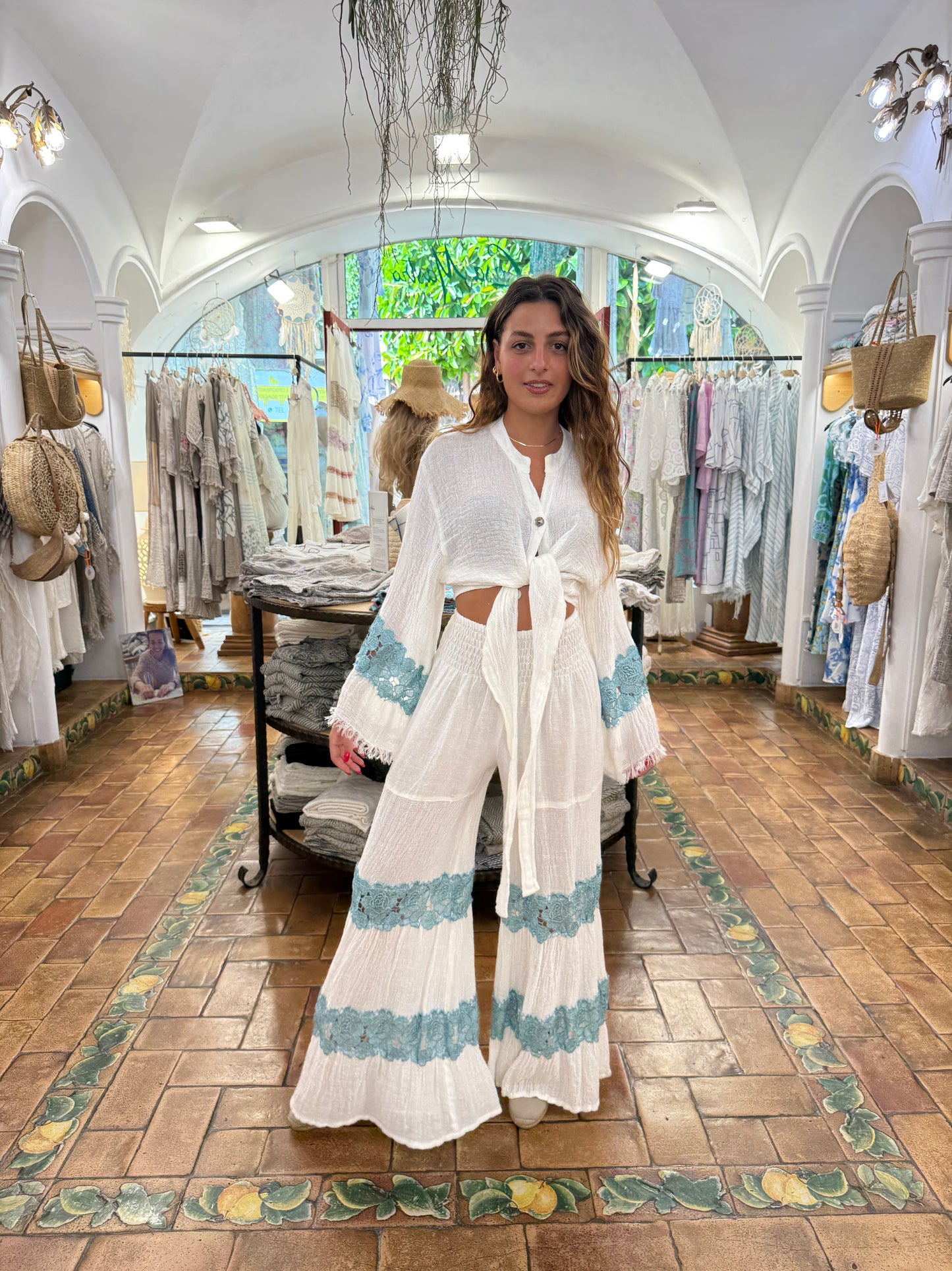 Set Pantaloni e top di Lino più pizzo macrame