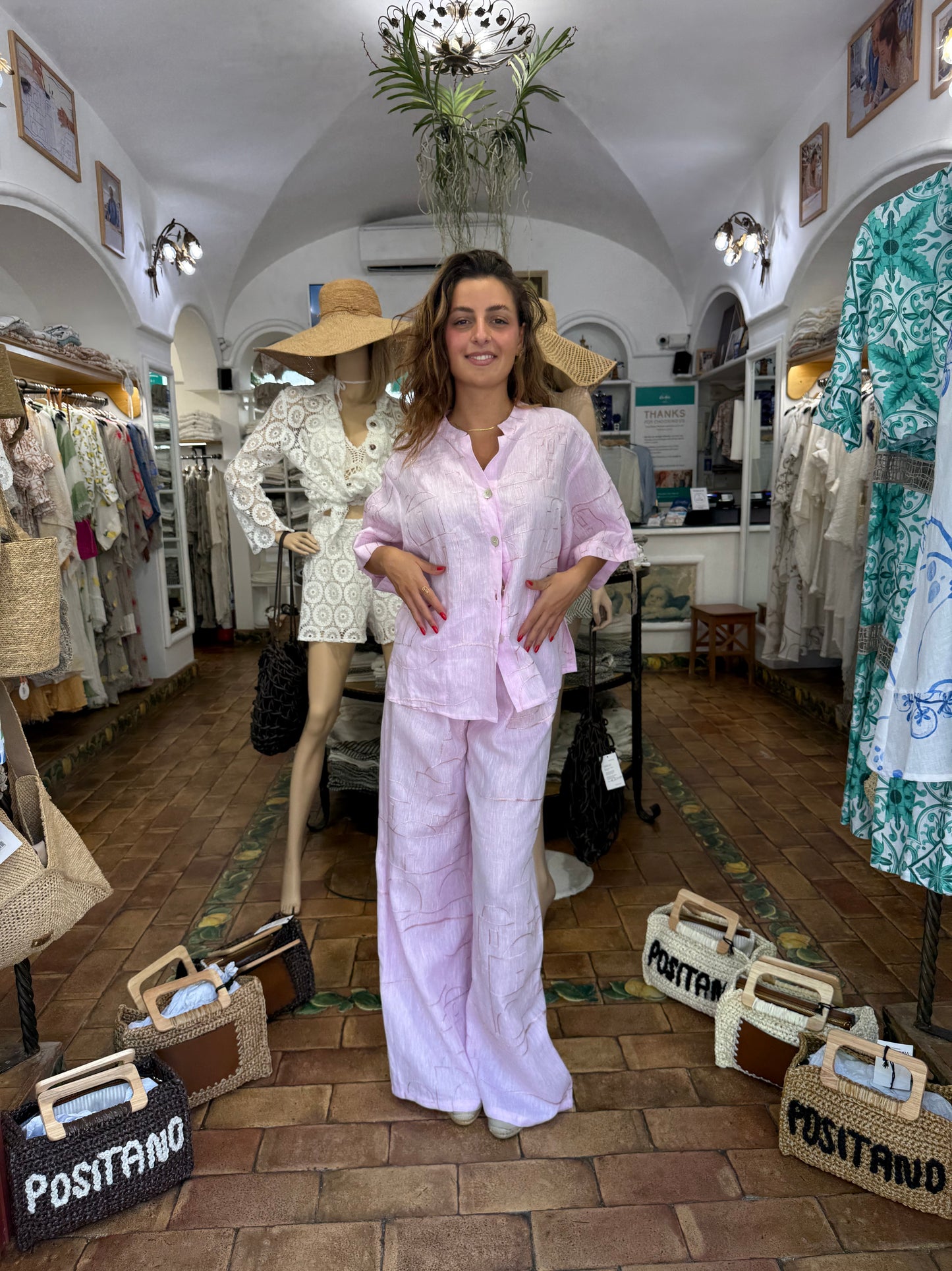 COMPLETO IN LINO RICAMATO MODA MARE POSITANO MADE IN ITALY