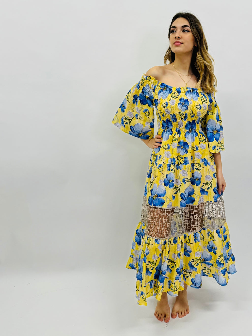 DRESS ELENA IN 100% PRINTED LINEN AND LACE