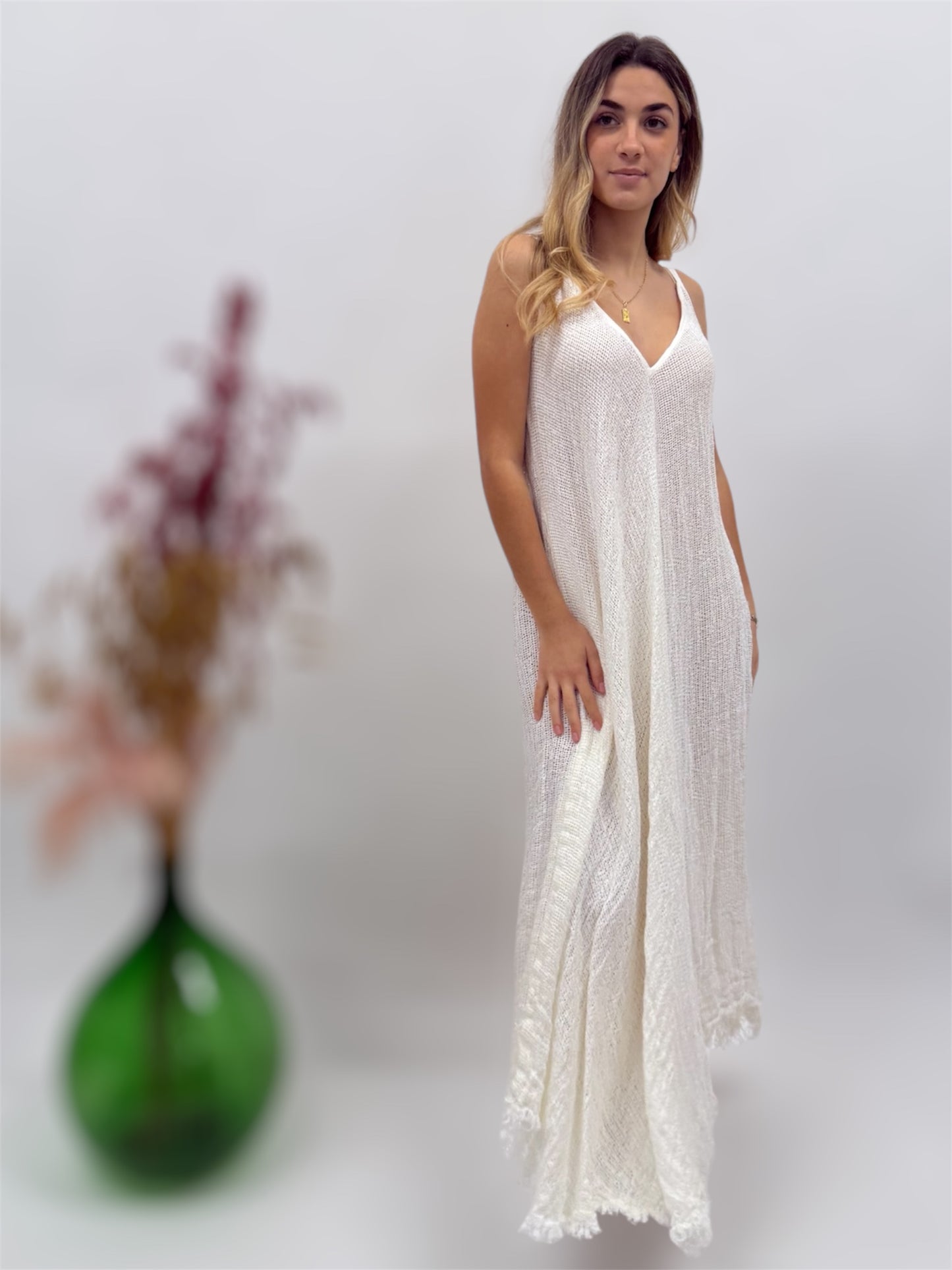 Long raw linen net dress