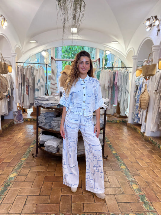 SET PANTALONE E TOP IN LINO RICAMATO PROFILO POSITANO