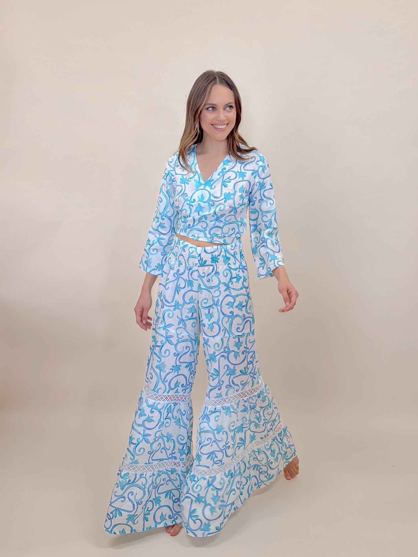 SET PANTALONE A BALZE  E BOLERO STAMPA RINGHIERA , LINO MODA MARE POSITANO MADE IN ITALY