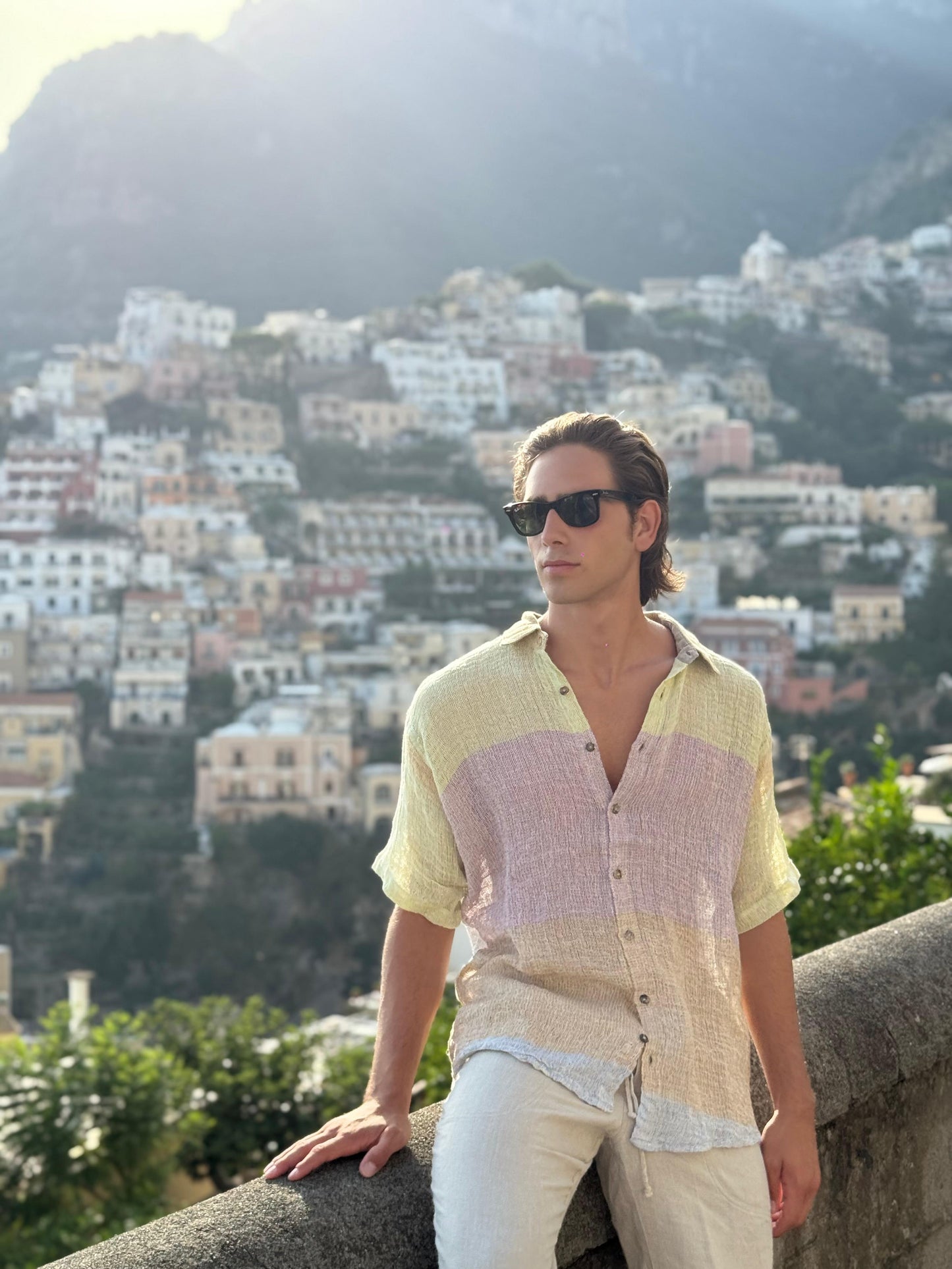 CAMICIA MEZZA MANICA IN GARZA DI LINO MULTICOLOR