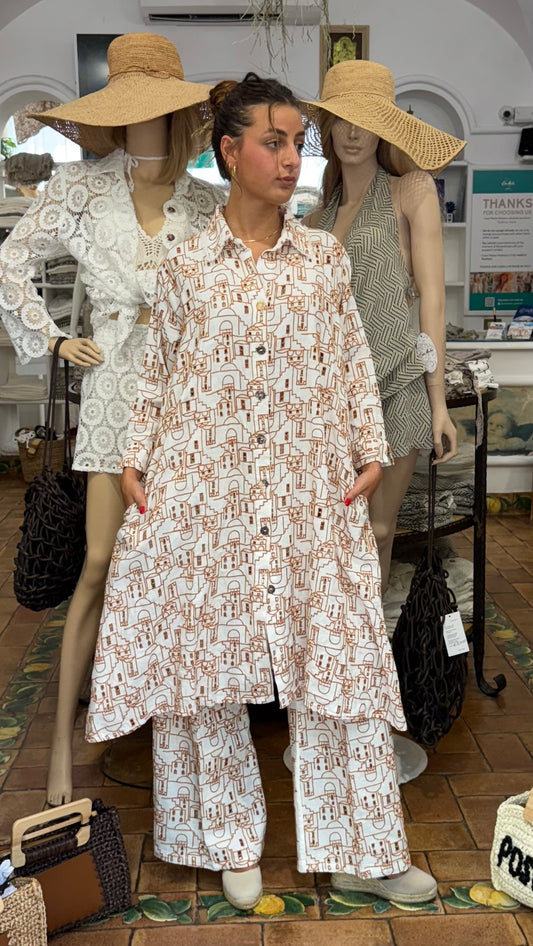 MAXI SHIRT WITH PANTS IN EMBROIDERY LINEN WITH POSITANO HOUSES PATTERN