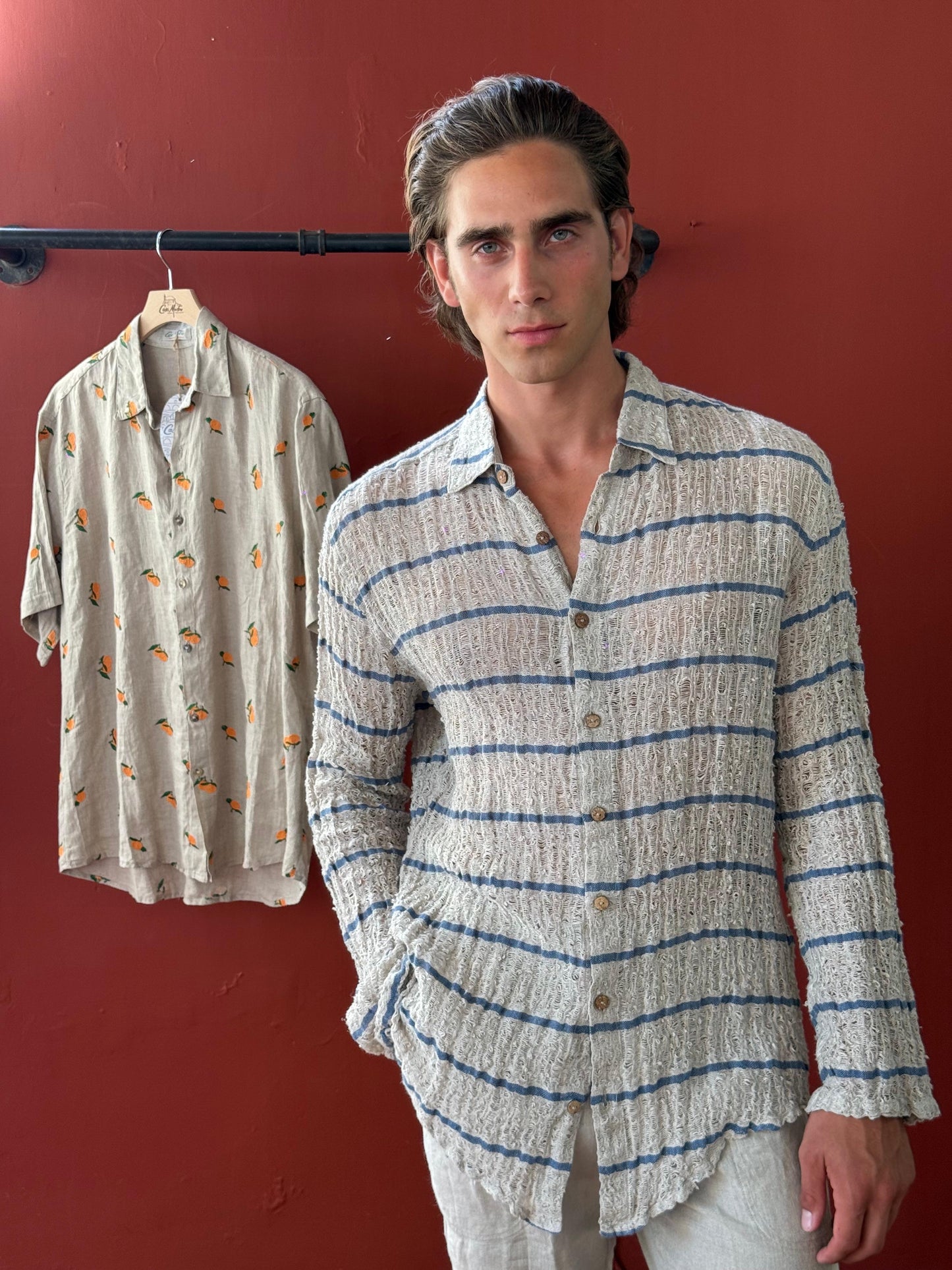 CAMICIA FULLBUTTONS IN RETE DI LINO écru riga blue