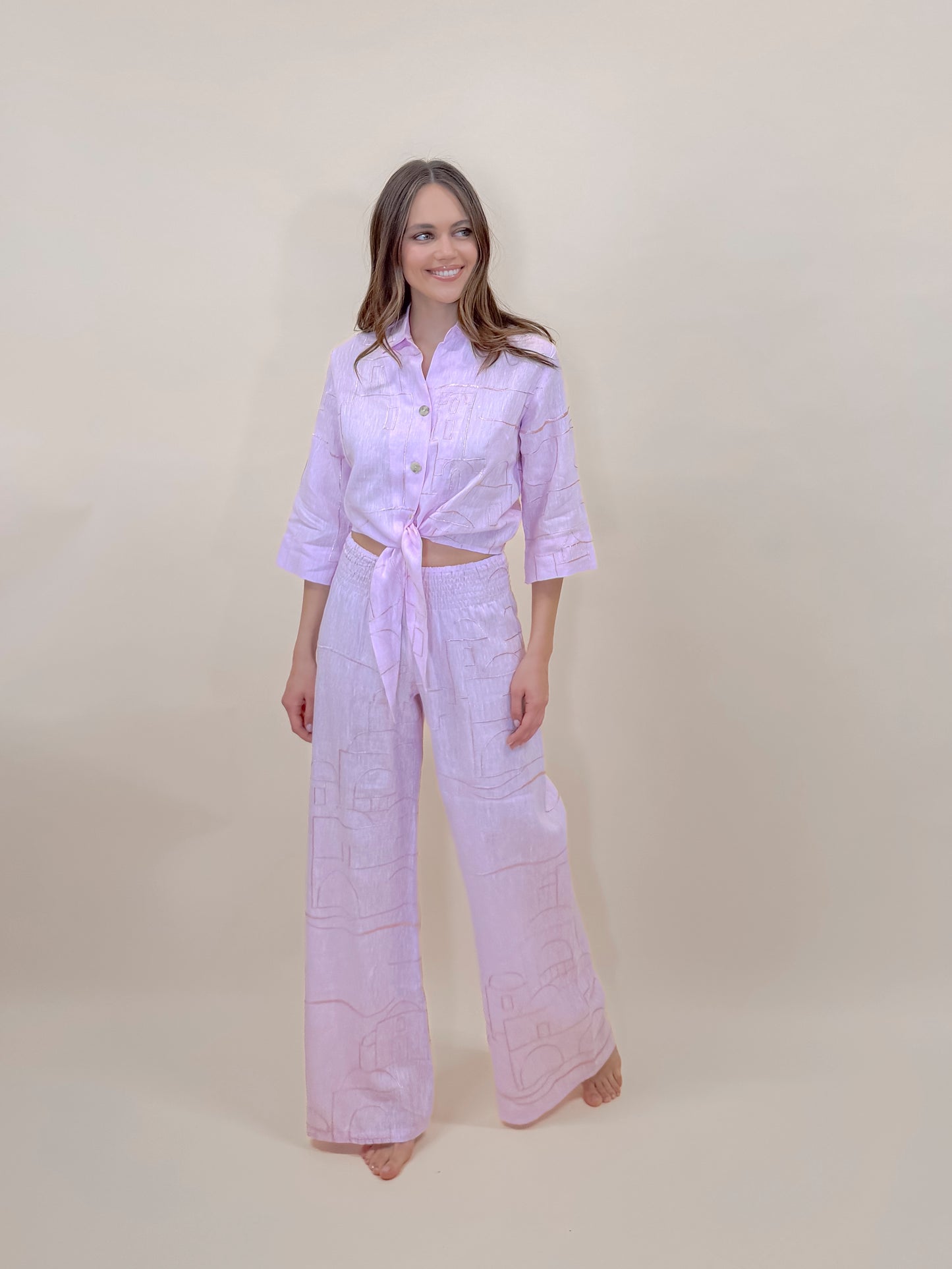 SET PANTALONE E CAMICIA SOFIA IN PURO LINO CON RICAMO POSA POSA