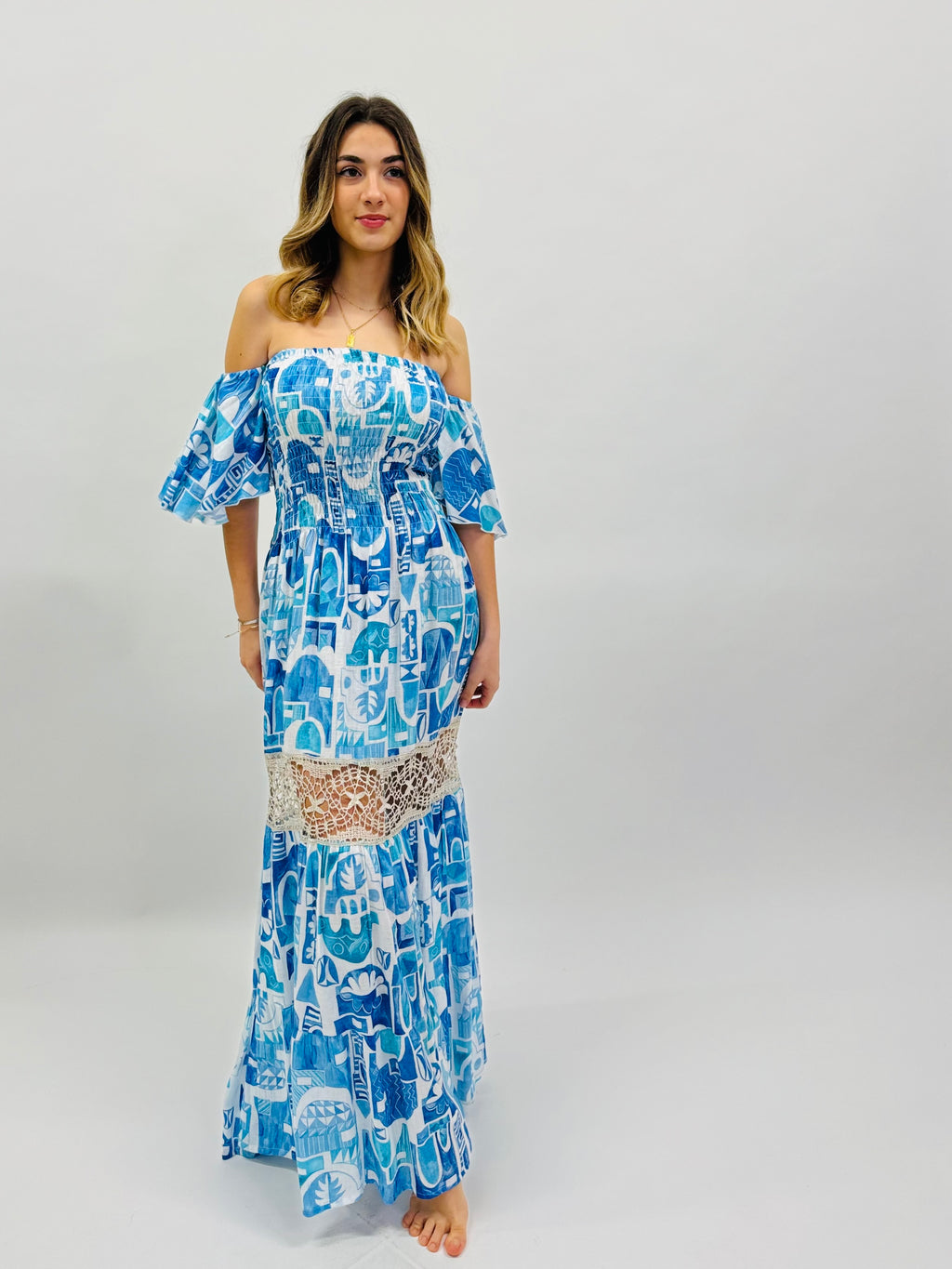 DRESS NINNI LINEN PRINTED AND LACE BLUE HOUSES