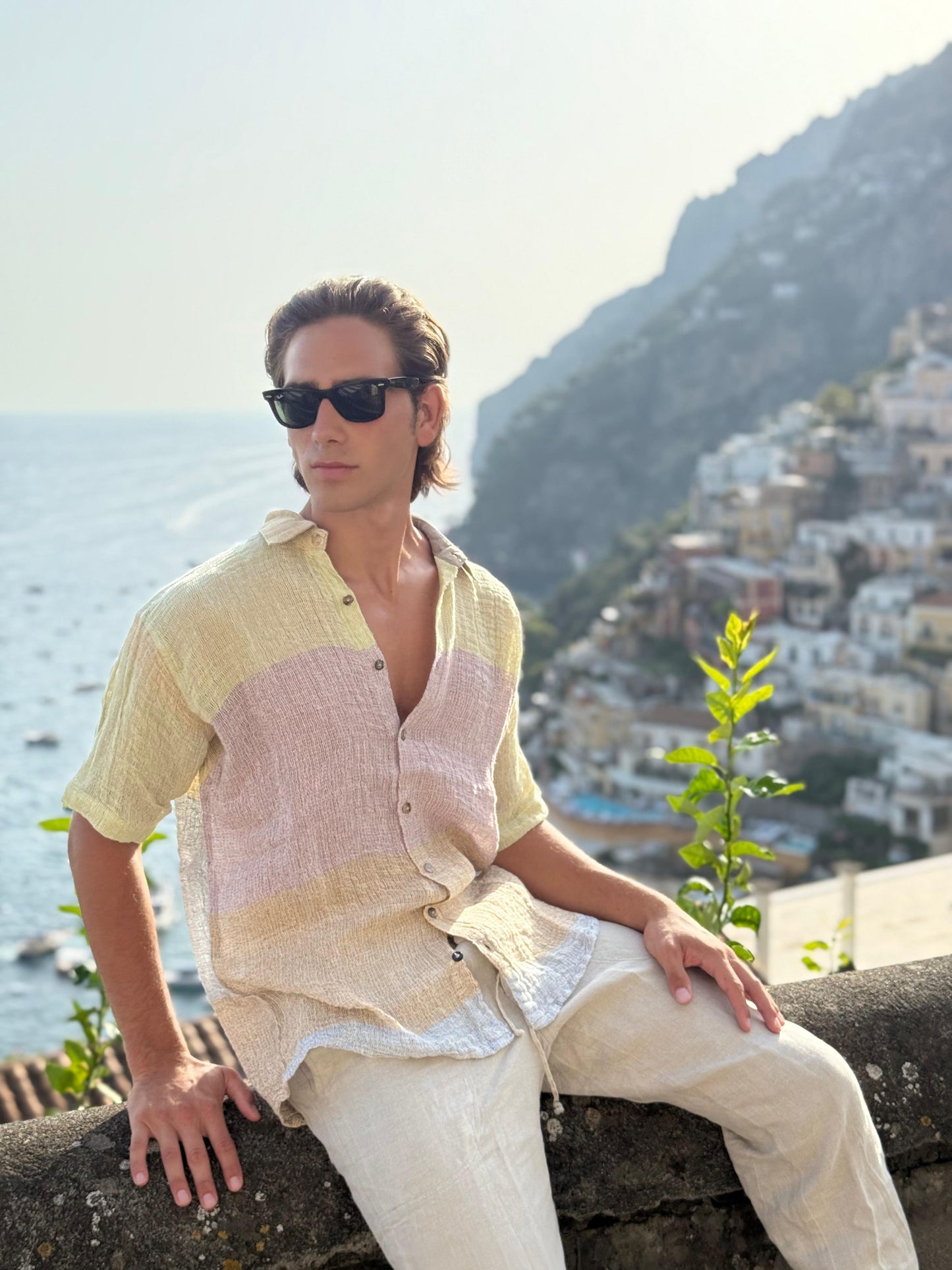 CAMICIA MEZZA MANICA IN GARZA DI LINO MULTICOLOR