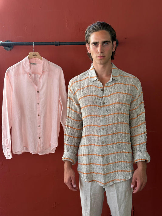 CAMICIA FULLBUTTONS IN RETE DI LINO écru riga arancio