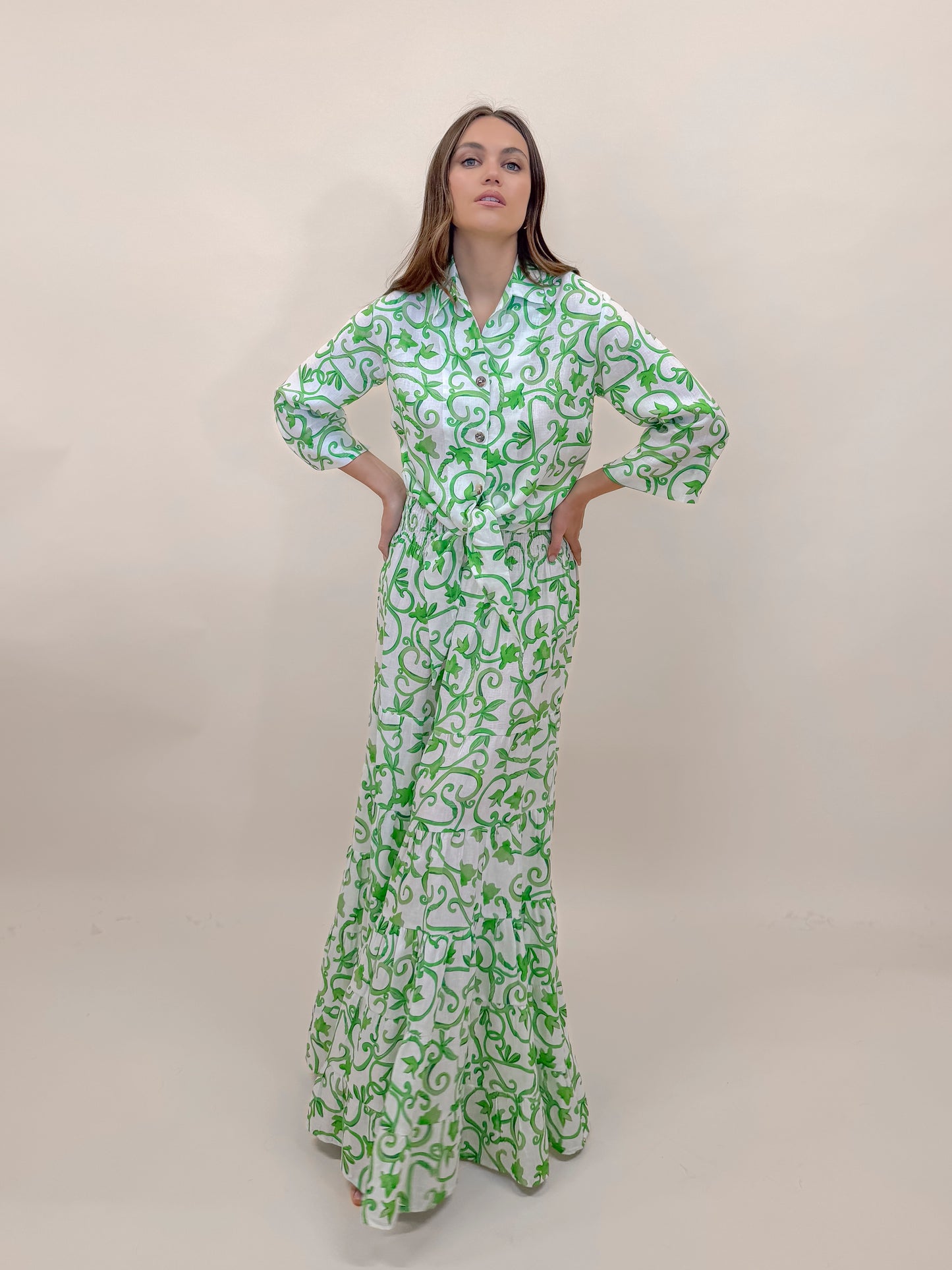 SET GONNA E CAMICIA SOFIA STAMPA RINGHIERA VERDE, LINO MODA MARE POSITANO MADE IN ITALY