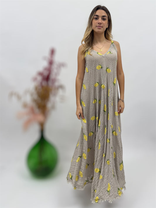 Long raw linen dress with Embroidered lemons