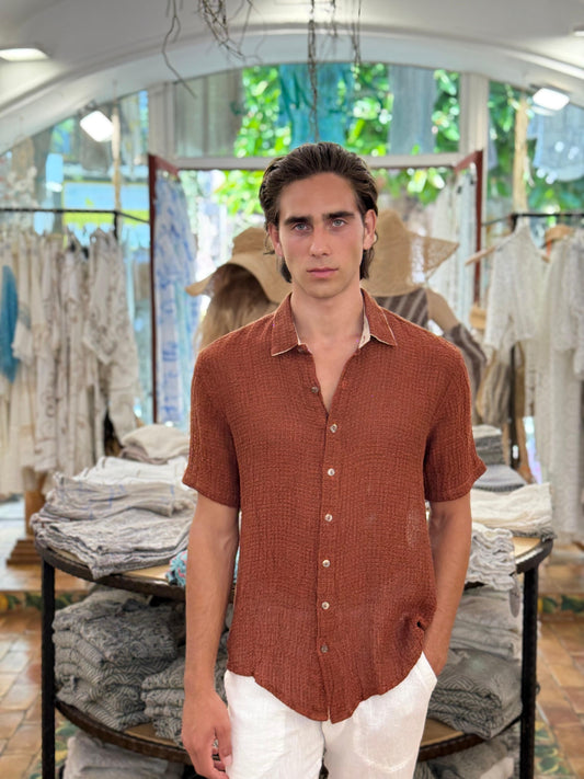 CAMICIA IN GARZA DI LINO RETE COLOR MATTONE