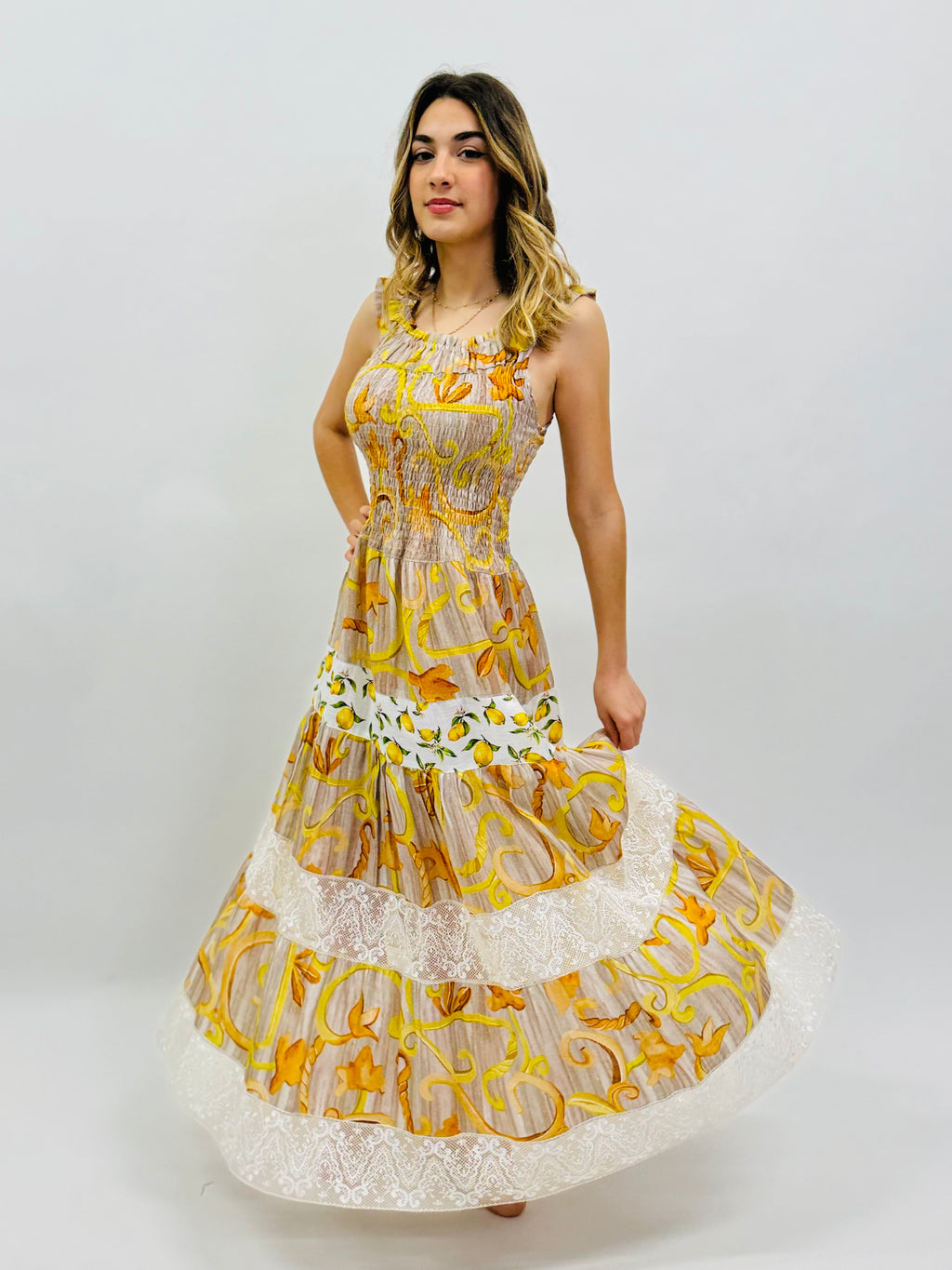 DRESS PAULINE LINEN PRINTED AND LACE YELLOW