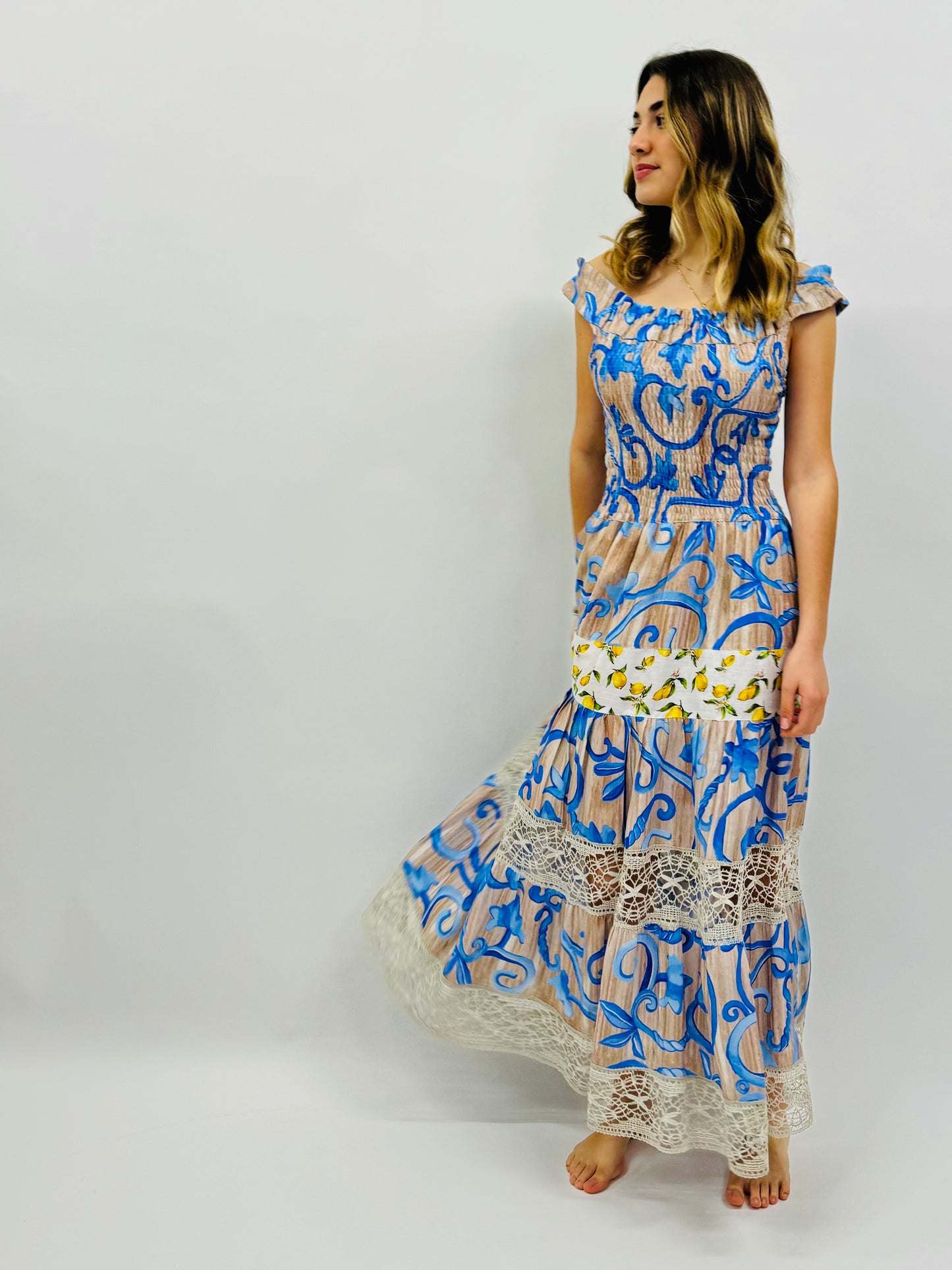 DRESS PAULINE LINEN PRINTED AND LACE blue