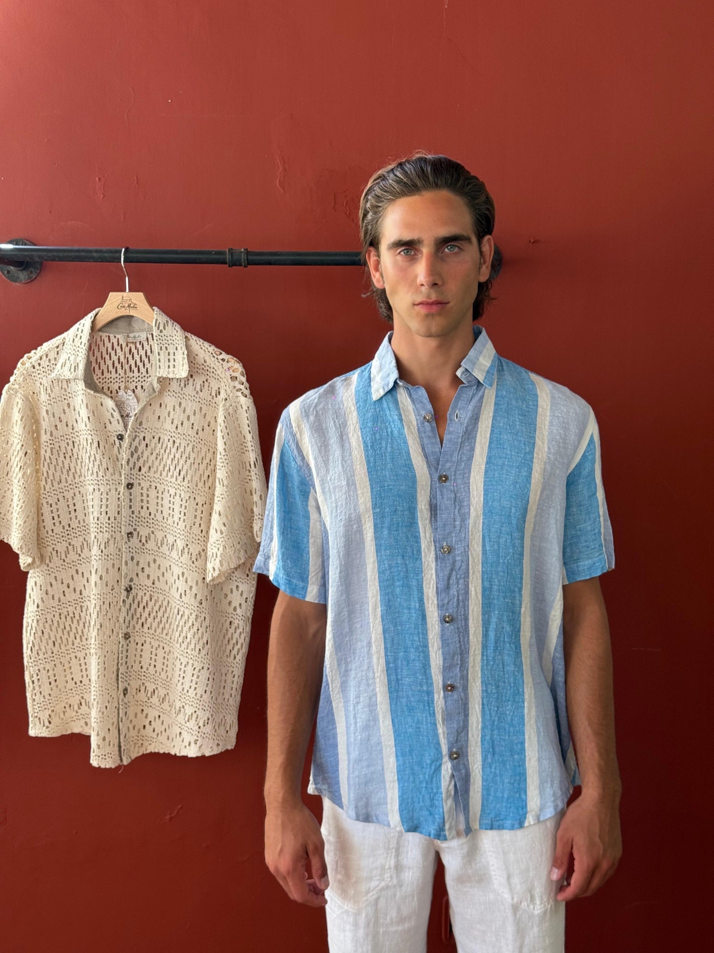 CAMICIA MEZZA MANICA IN PURO LINO FASCE TURCHESI E AZZURRO