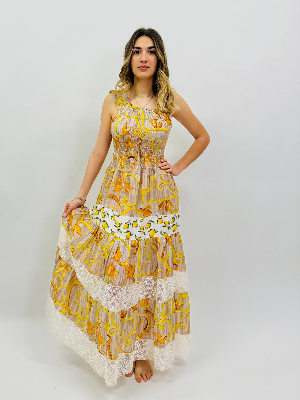 DRESS PAULINE LINEN PRINTED AND LACE YELLOW