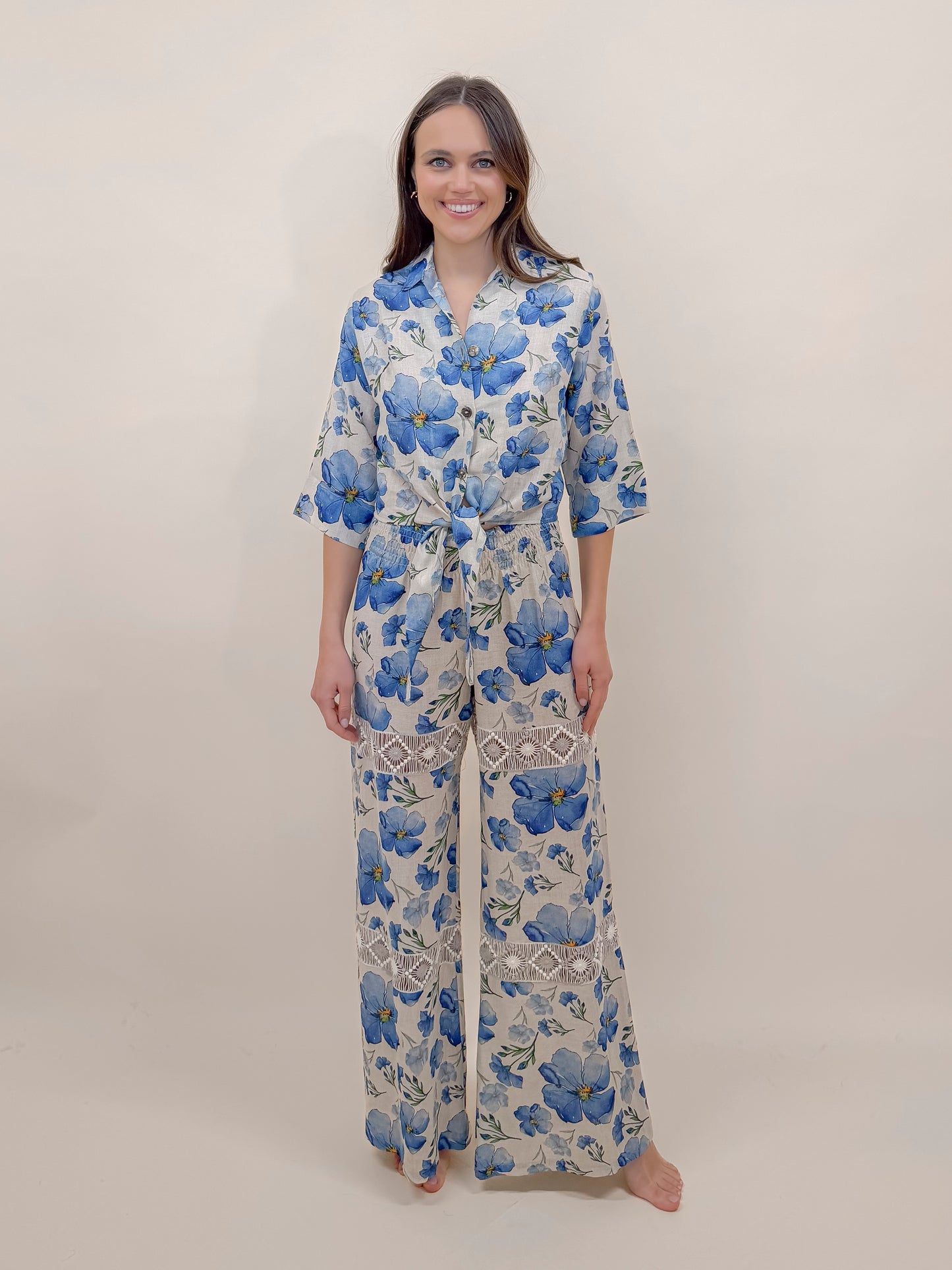 SET GONNA E CAMICIA SOFIA STAMPA FIORE, LINO MODA MARE POSITANO MADE IN ITALY