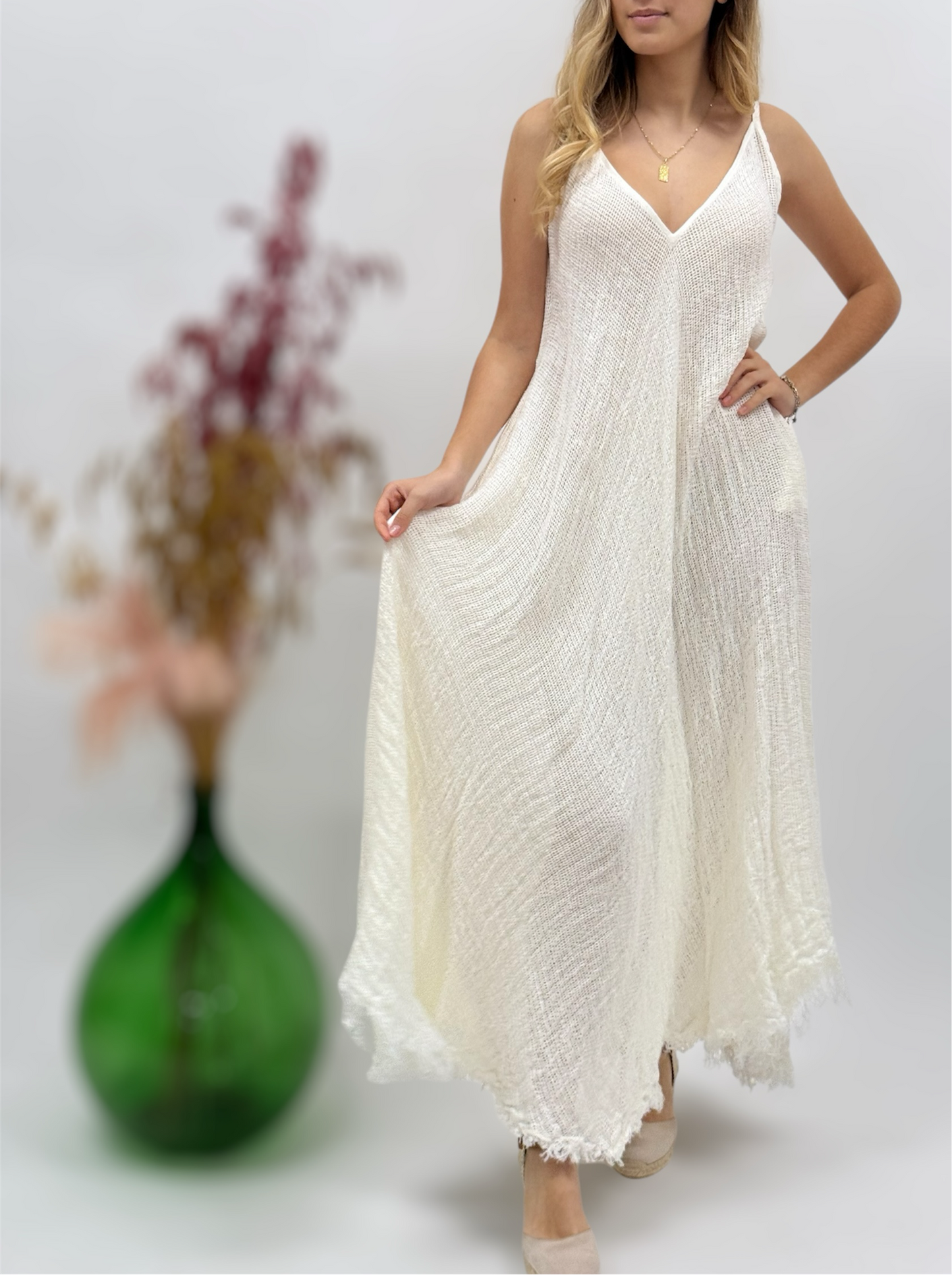 Long raw linen net dress