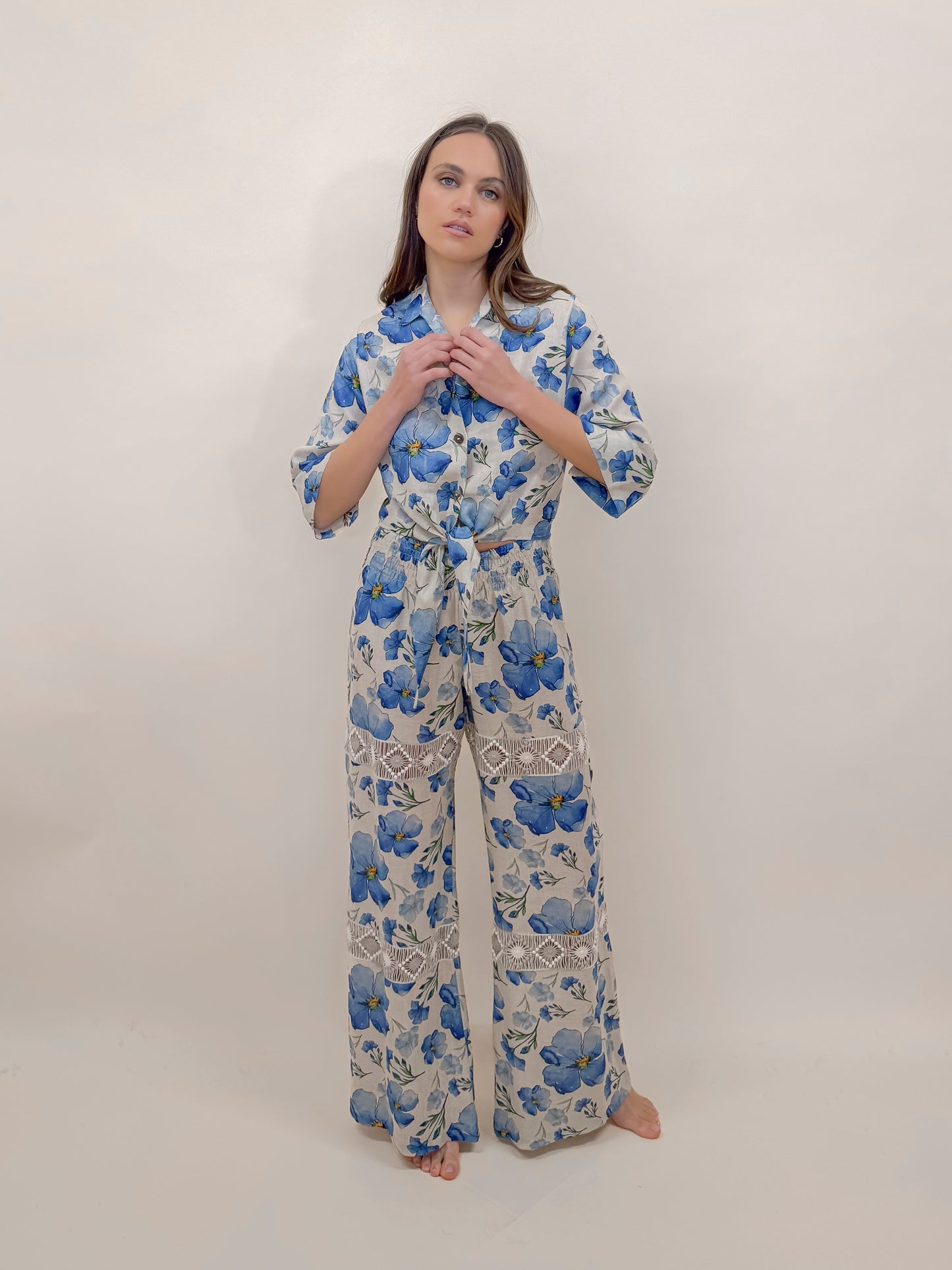 SET GONNA E CAMICIA SOFIA STAMPA FIORE, LINO MODA MARE POSITANO MADE IN ITALY