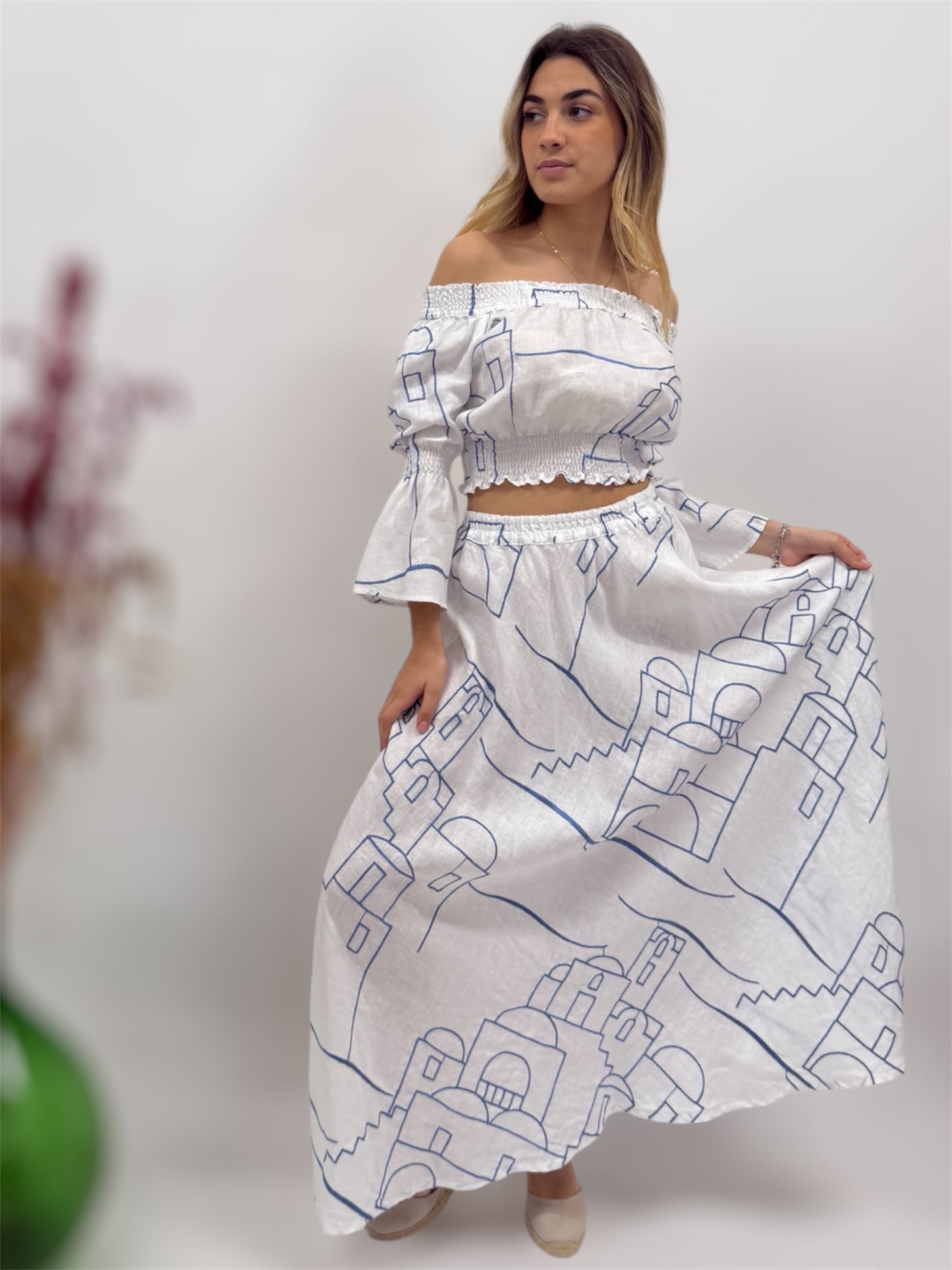 SET SKIRT AND TOP IN 100% LINEN WITH POSITANO OUTLINE