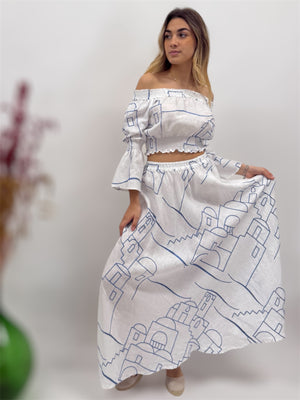 SET OF Positano EMBROIDERED OUTLINE SKIRT AND CROP TOP