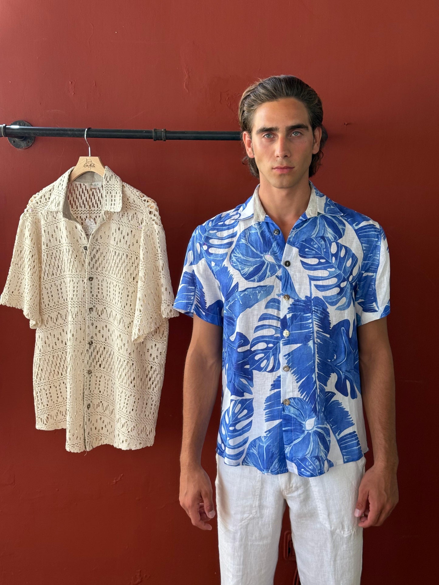 CAMICIA IN STAMPA DI LINO FOGLIE BLUE