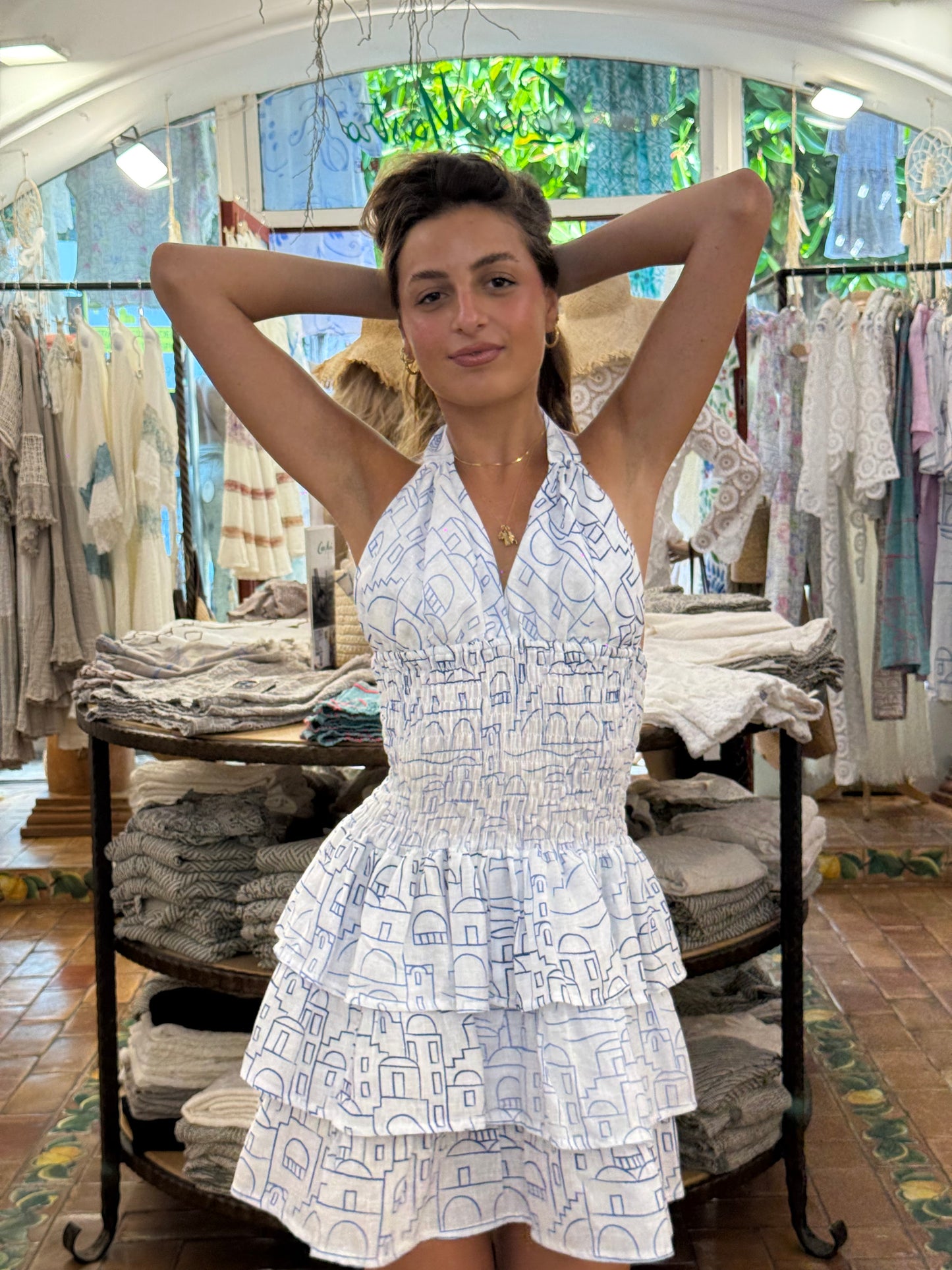 MINI DRESS IN 100 % LINO STAMPATO MOTIVO CASETTE POSITANO