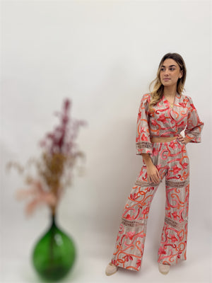 Bolero Top in printed linen and tiered trousers and laces