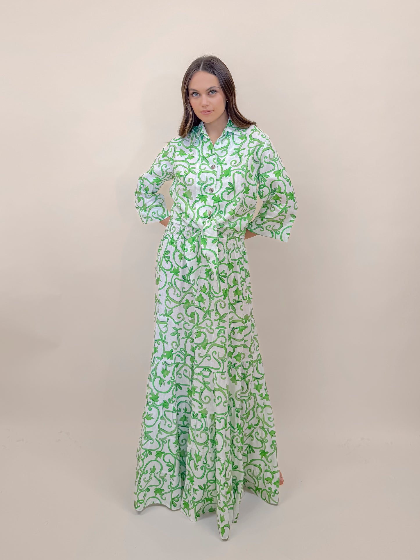 SET GONNA E CAMICIA SOFIA STAMPA RINGHIERA VERDE, LINO MODA MARE POSITANO MADE IN ITALY