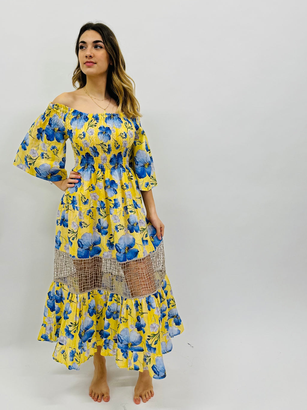 DRESS ELENA IN 100% PRINTED LINEN AND LACE