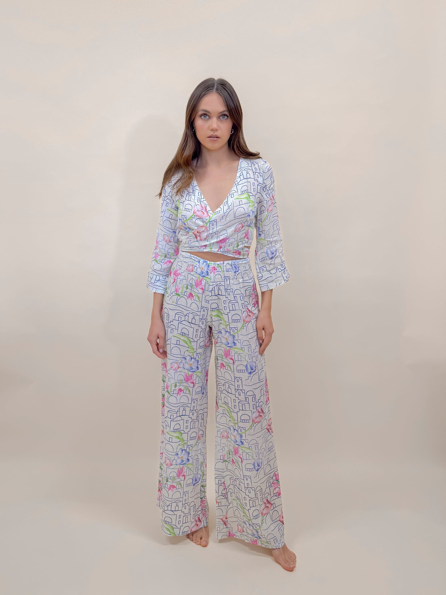 SET PANTALONE E BOLERO STAMPA POSITANO, LINO MODA MARE POSITANO MADE IN ITALY