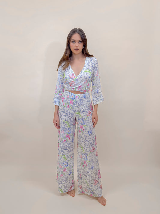 SET PANTALONE E BOLERO STAMPA POSITANO, LINO MODA MARE POSITANO MADE IN ITALY