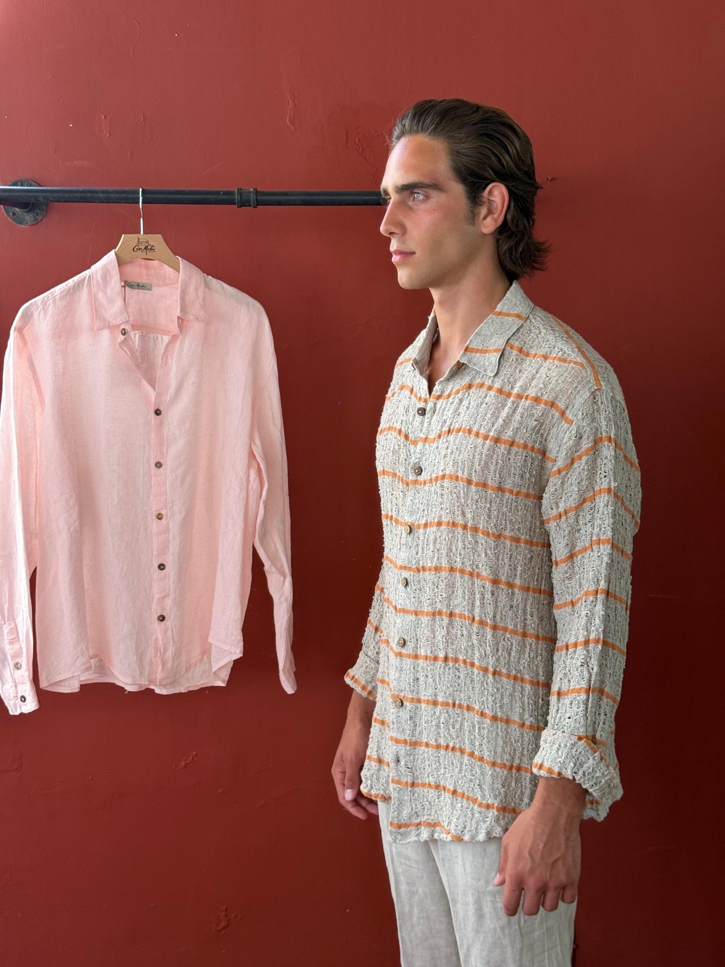 CAMICIA FULLBUTTONS IN RETE DI LINO écru riga arancio