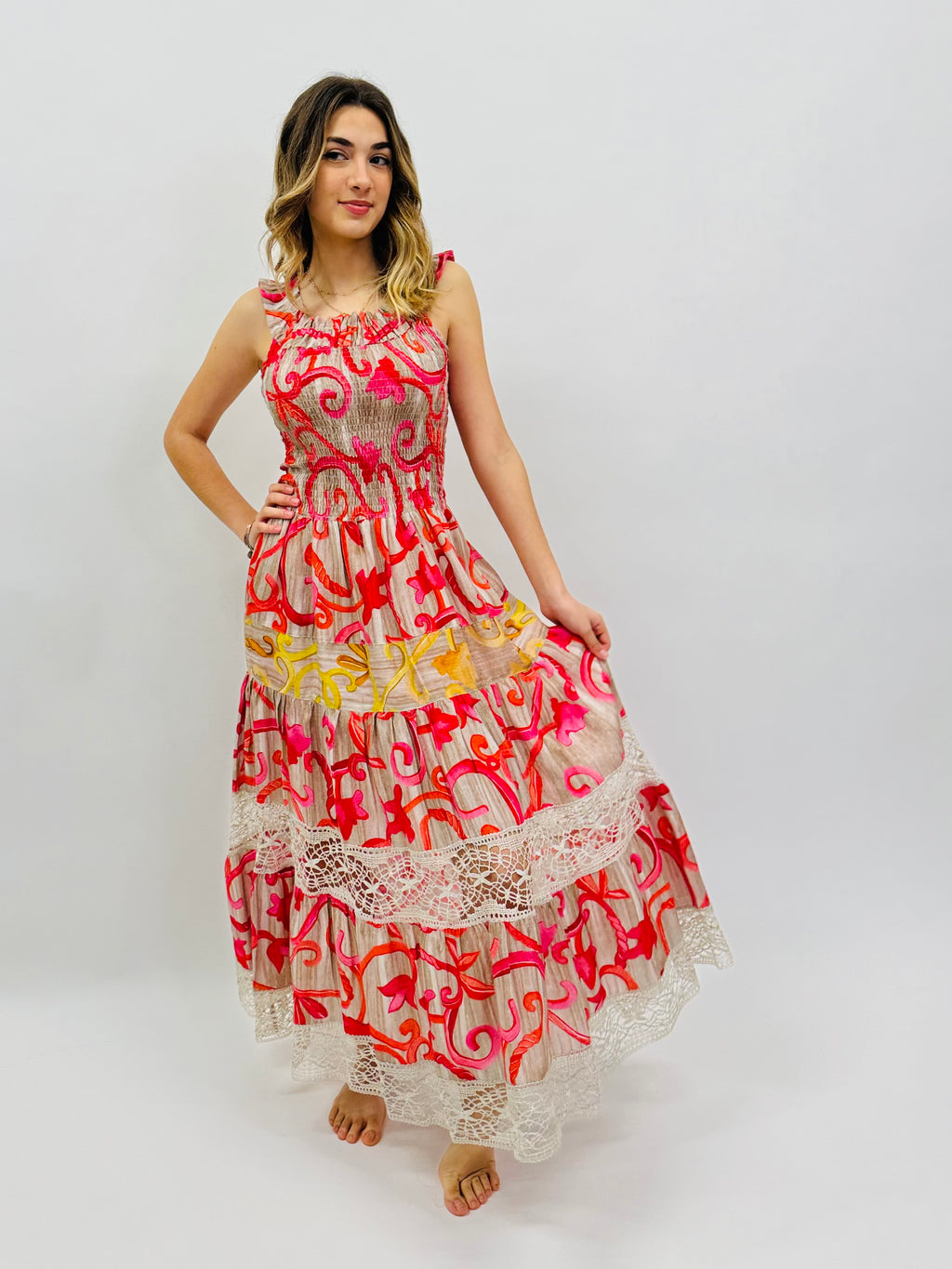 DRESS PAULINE LINEN PRINTED AND LACE red