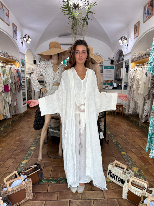 SET DI TRE PEZZI SPOLVERINO TOP E PANTALONE IN RETE AVORIO DI LINO MADE IN POSITANO 100% LINO