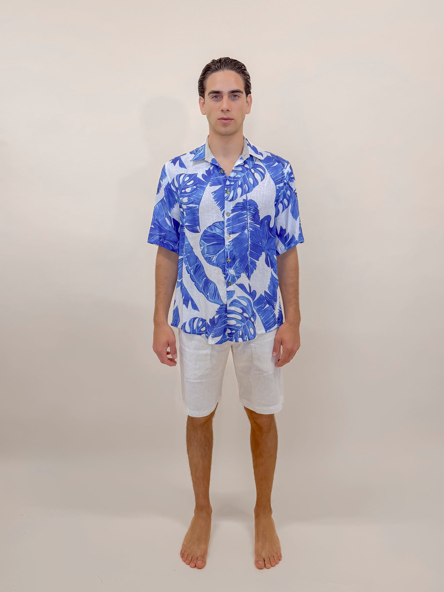 CAMICIA IN STAMPA DI LINO FOGLIE BLUE