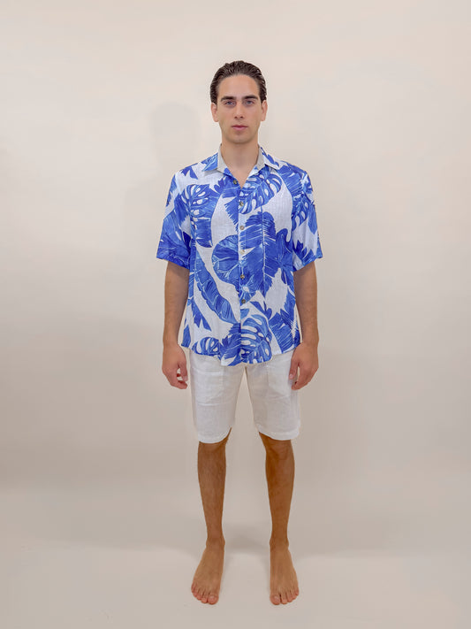 CAMICIA IN STAMPA DI LINO FOGLIE BLUE