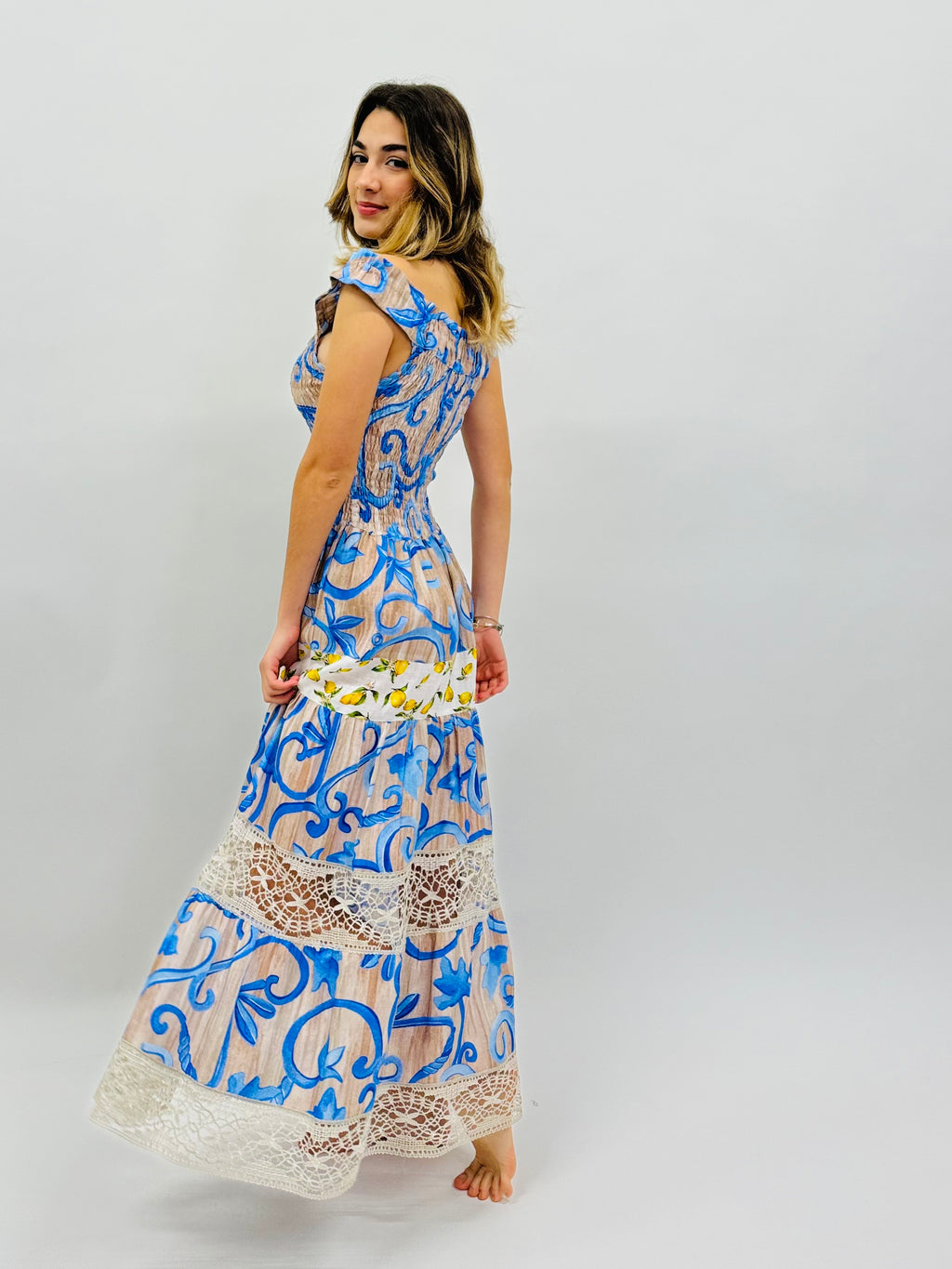 DRESS PAULINE LINEN PRINTED AND LACE blue