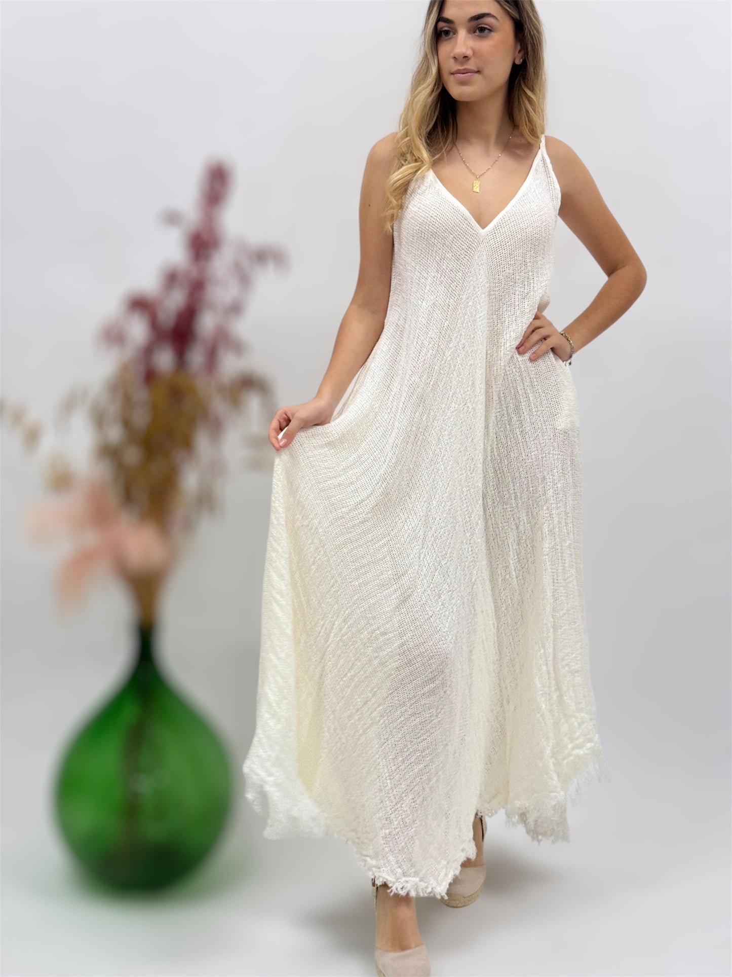 Long raw linen net dress