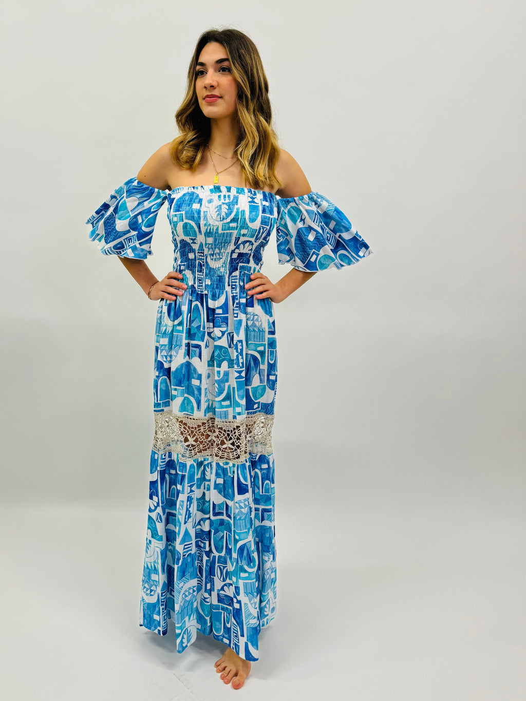 DRESS NINNI LINEN PRINTED AND LACE BLUE HOUSES