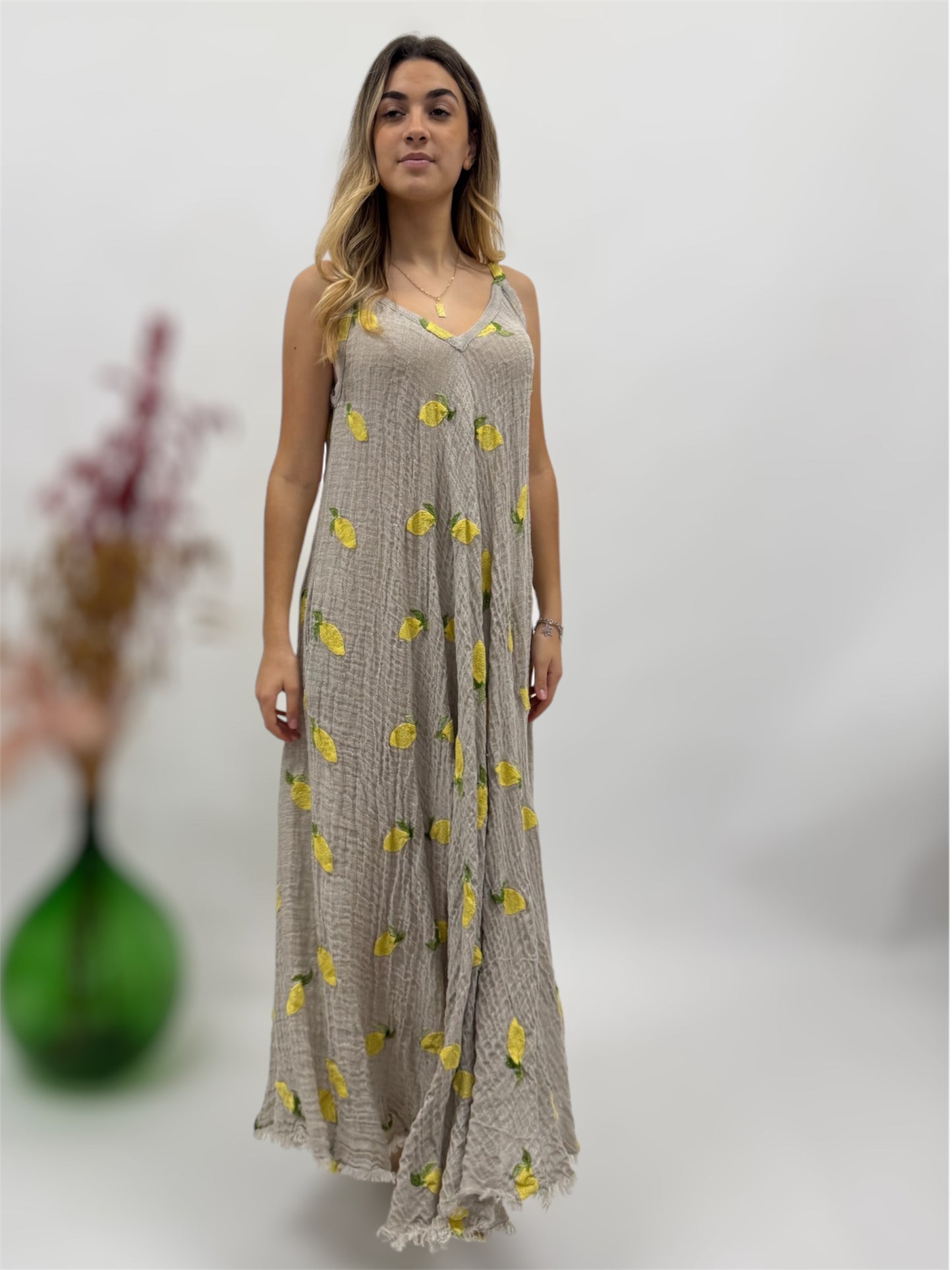 Long raw linen dress with Embroidered lemons