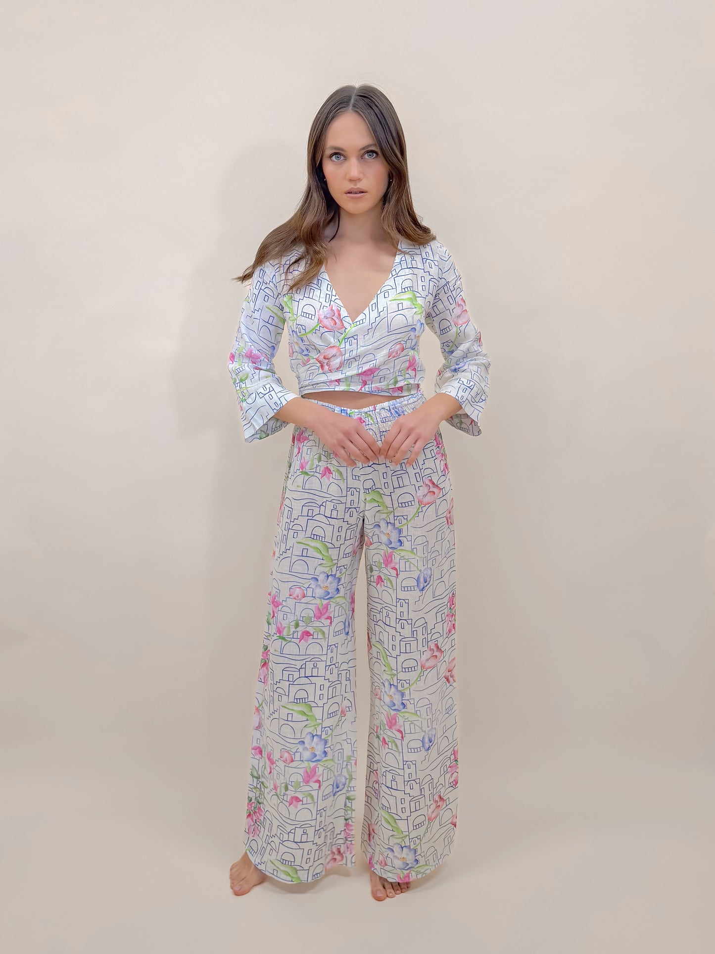 SET PANTALONE E BOLERO STAMPA POSITANO, LINO MODA MARE POSITANO MADE IN ITALY